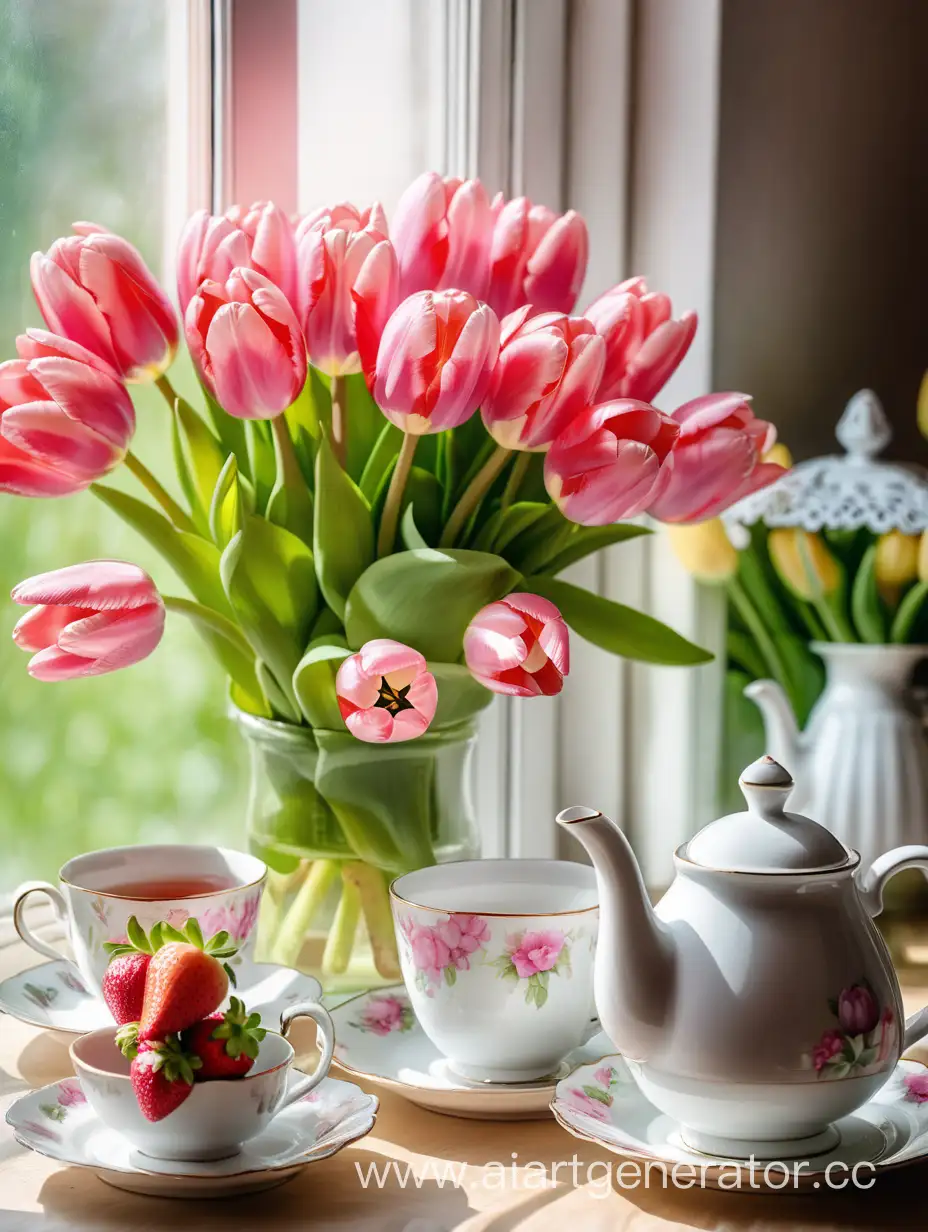 Bright-Summer-Kitchen-Scene-with-Pink-Tulips-Tea-and-Strawberry-Cake