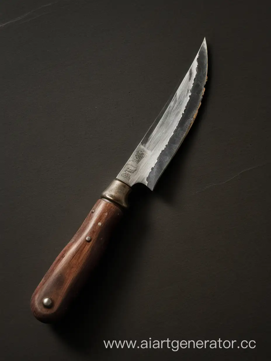 Простой  потрепанный нож с деревянной ручкой и скошенным лезвием