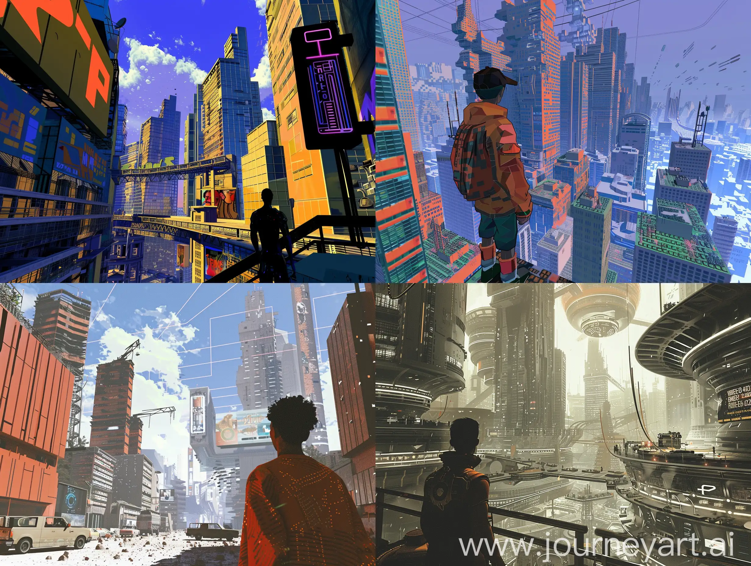 a human in a city, genre, retro, modern, futurism, y2k aesthetic, nostalgic trend, environment, old PlayStation 2 2000s graphics, render, video game, old graphics,
