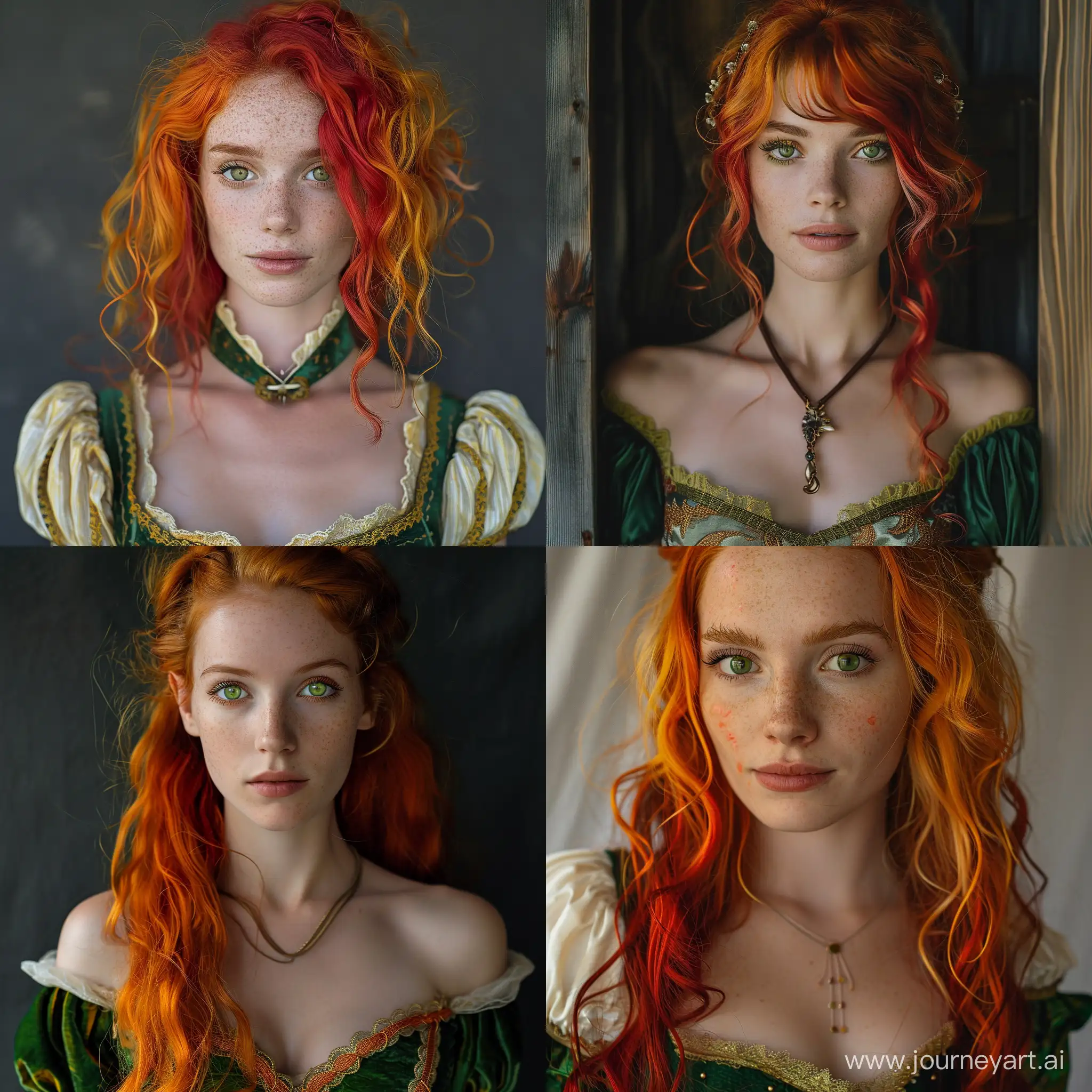 Elfa, pelo rojo y naranja, ojos verdes, escote, vestido de epoca, intelectual