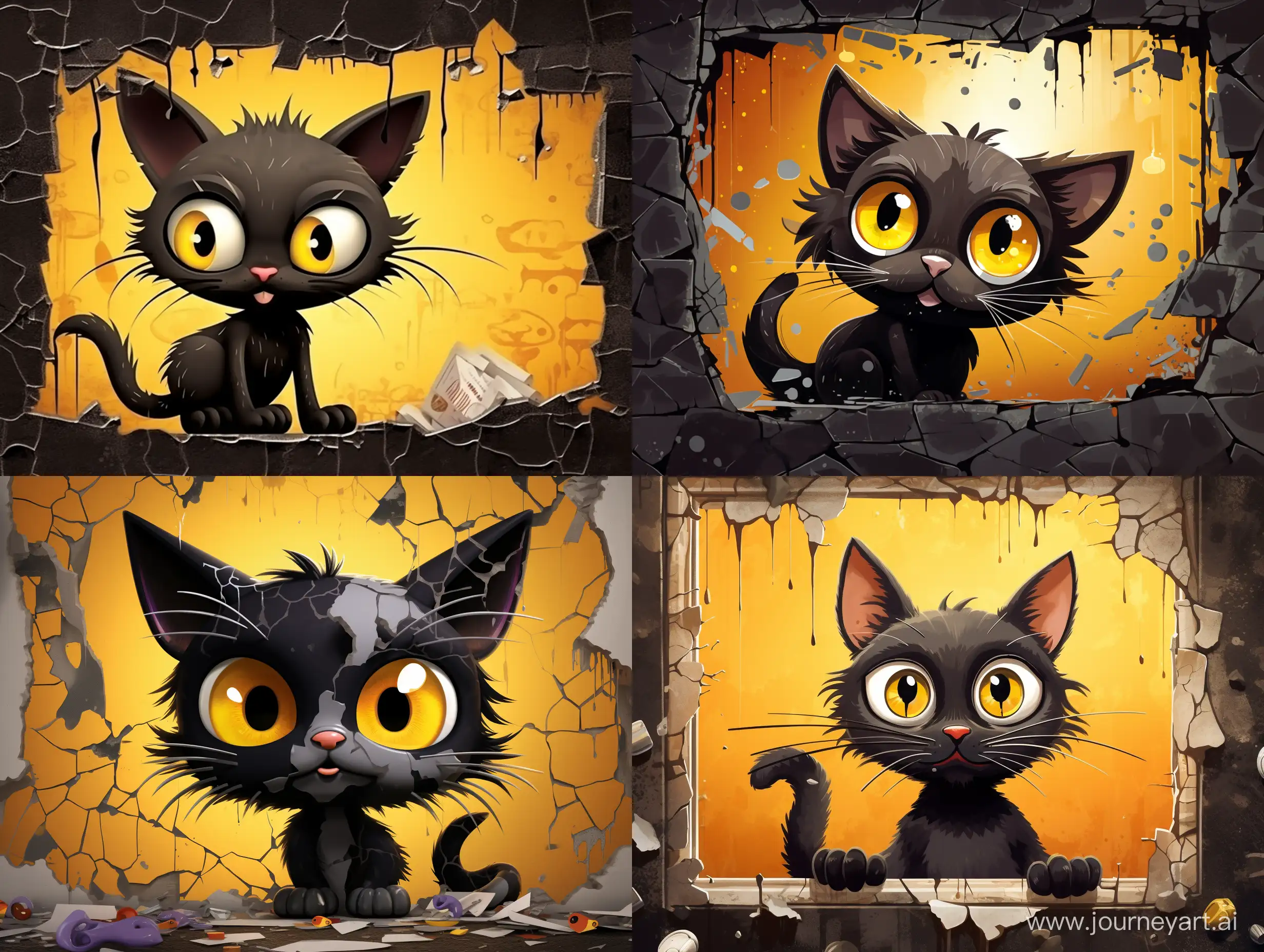 иллюстрация,шарж,  черный пучеглазый, потешный маленький кот,
с жёлтыми очень огромными глазами, смотрит невинным взглядом, на стене пятна, порванные обои, следы когтей, куски обоев  свисают, micro detailing, Panoramic painting, wide shot angle