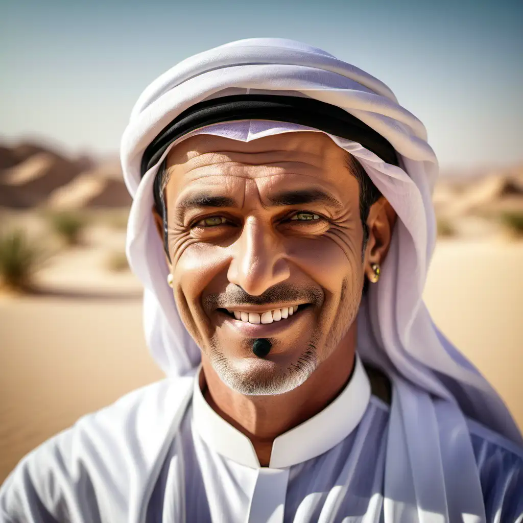 An Arabic man who previously lived in the year 1000 AD and his characteristics. He is 47 years old. He is smart, a trickster, lovable, strong, and handsome. He is in the desert, smiling and wearing earrings, green eyes.