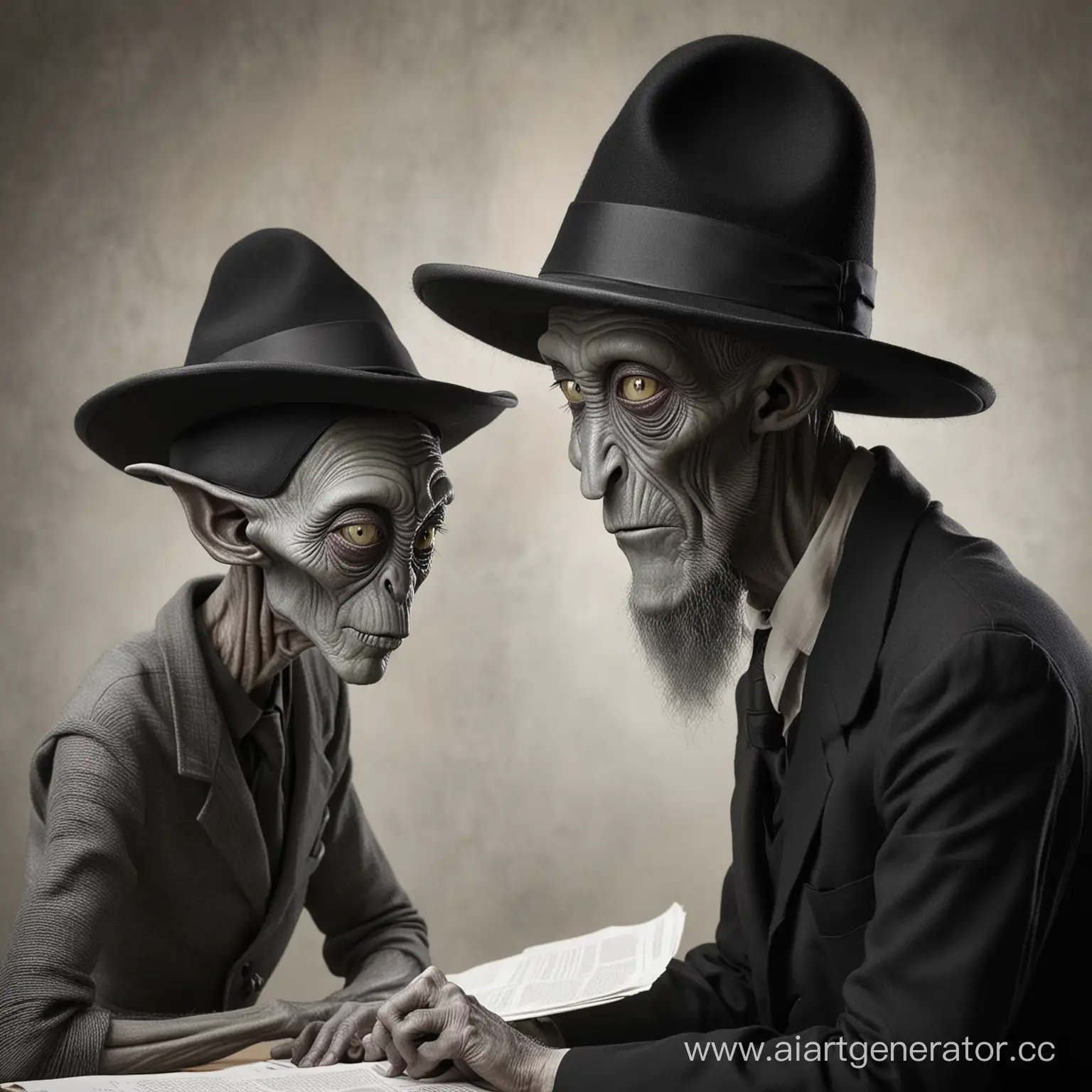 A gray alien whispers a plan of action in the ear of a Jew in a black hat