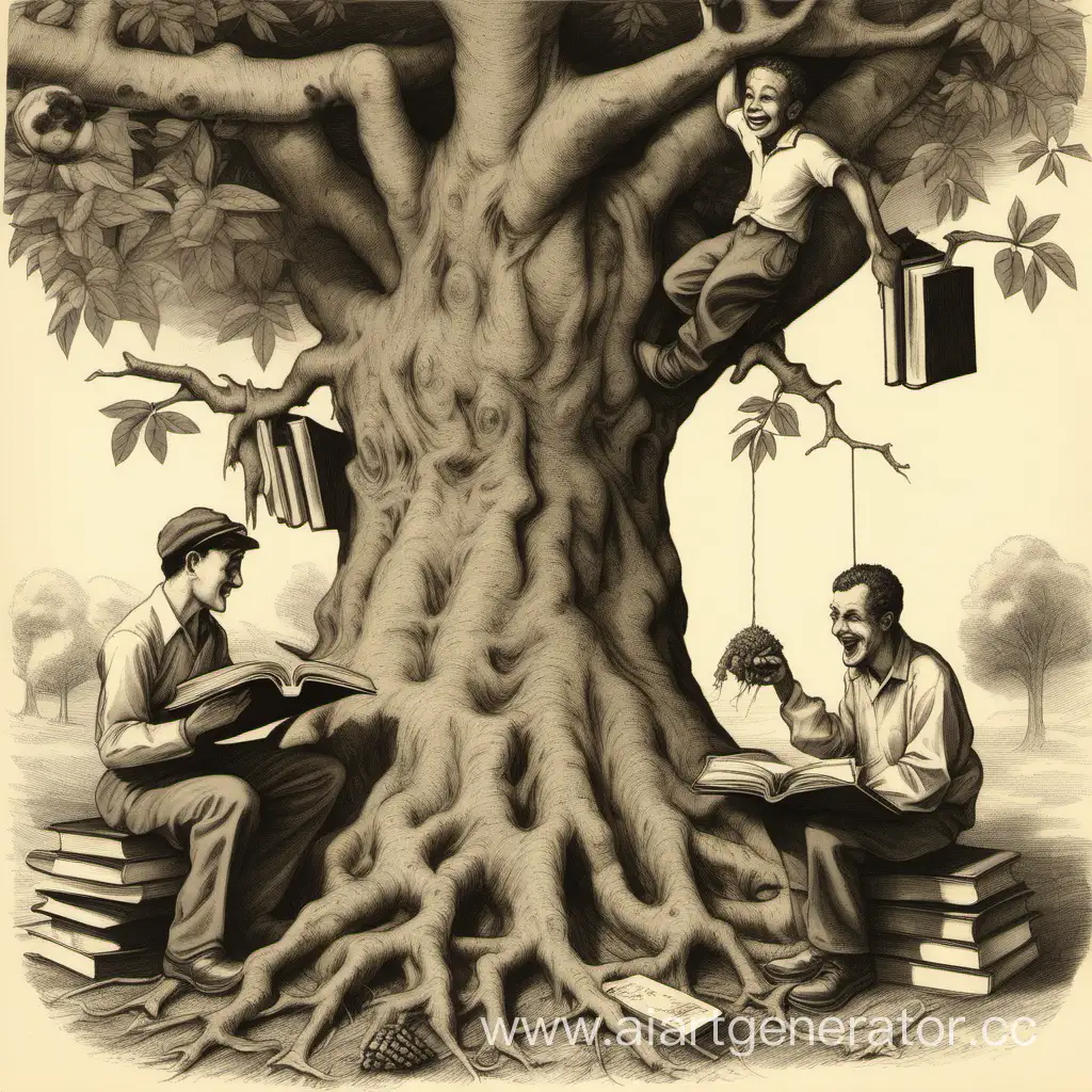 Tree. Books hang on the tree like fruit. The man to the left of the tree is trying to eat a piece of tree root and is not happy. The man on the right is eating a book and smiling.