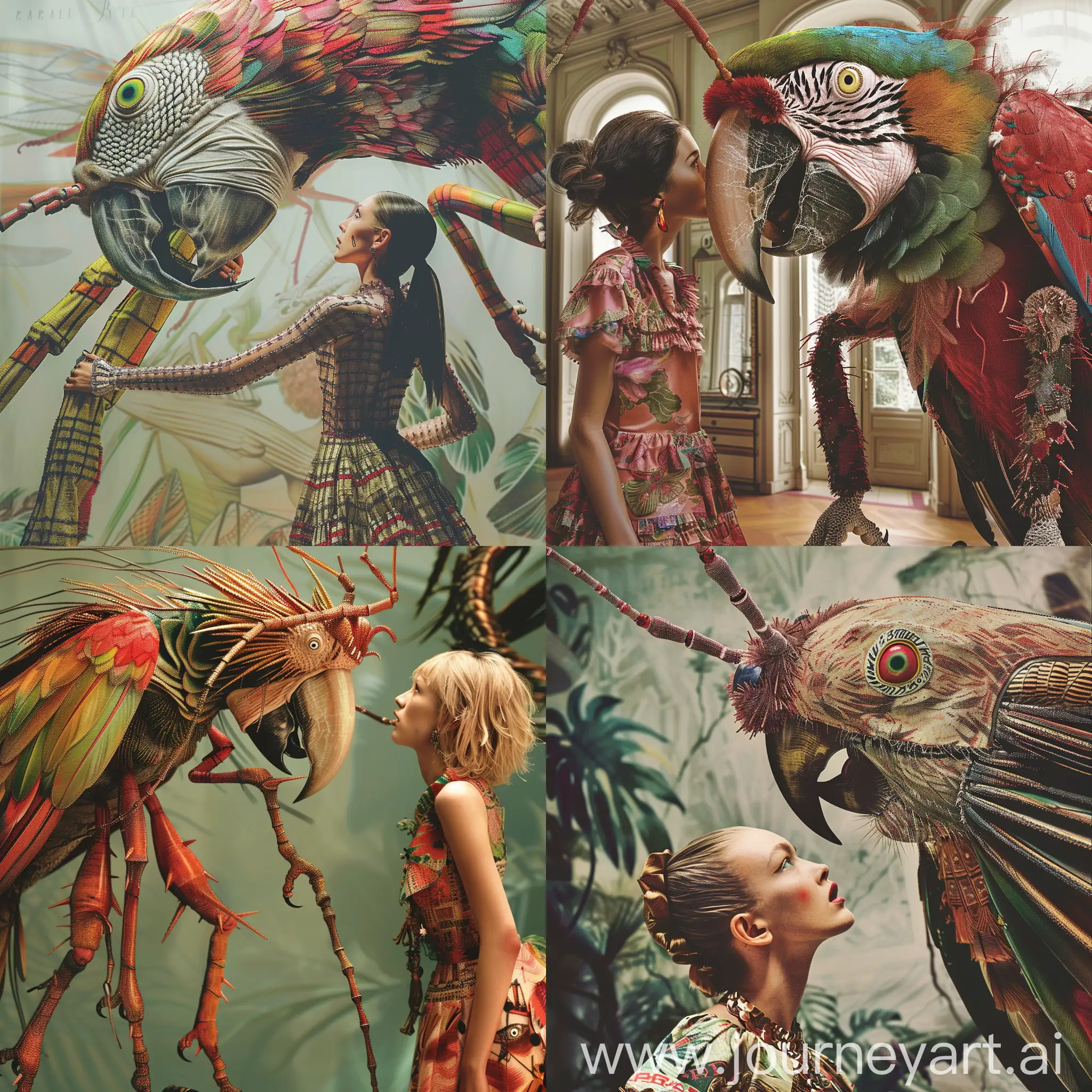 In a surreal fusion of couture and nature, a fashion-forward girl wearing an iconic Prada design is confronted by a exotic parrot in a Harper's Bazaar magazine spread. The massive insect towers over her, its grotesque features rendered in intricate detail, reminiscent of a child's naive, bright-colored drawing.Embrace the bizarre beauty of this scene captured in high-detail,showcasing the finest drawing techniques with thin filigree lines and intricate pointillism  art masterpiece,12K