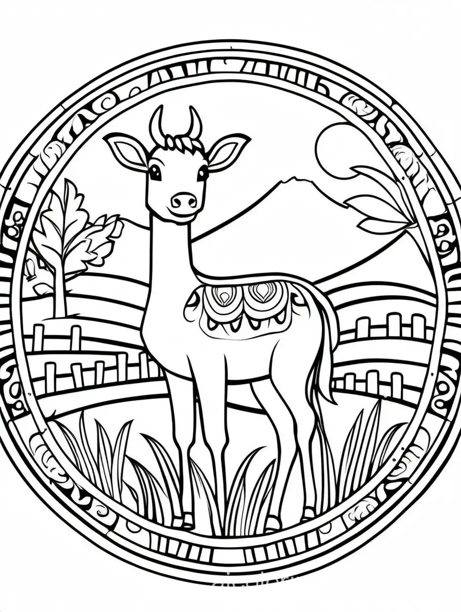 animal in farm
 mandala for adults
, Coloring Page, black and white, line art, white background, Simplicity, Ample White Space. The background of the coloring page is plain white to make it easy for young children to color within the lines. The outlines of all the subjects are easy to distinguish, making it simple for kids to color without too much difficulty