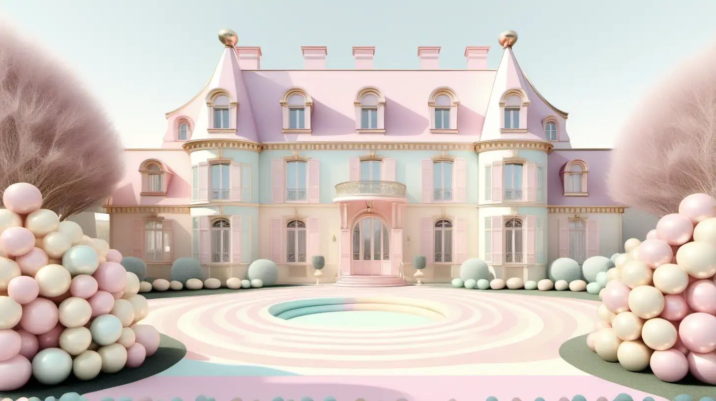hyperrealistic image of a modern parisian estate home; candyland inspired; pastel, ivory and brass colour palette