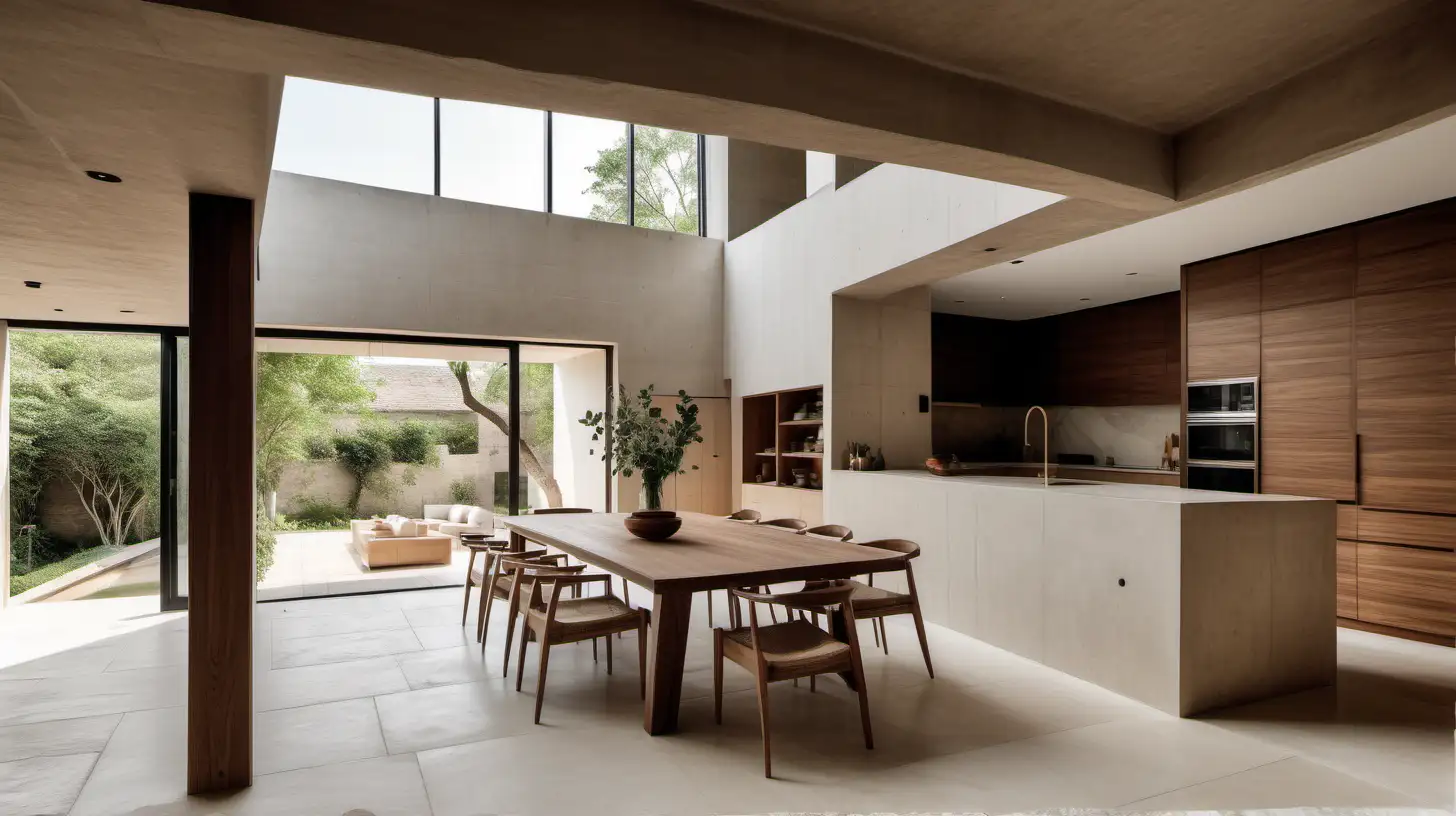 a grand japandi home with an airy organic interior looking down over the dining and kitchen from the second floor; walnut wood, limestone and Bauwerk limewash wall paint in Raw White