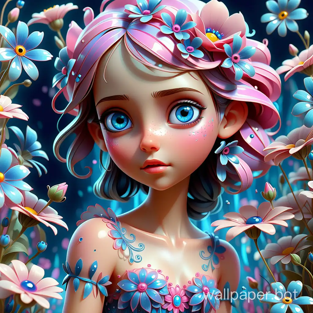 A vibrant 3D digital illustration of a full-length girl, detailed eyes, surrounded by many detailed small blue and pink flowers with transparent thin delicate petals, delicate, fairy-tale, surreal, with intricate details, beautiful, romantic, mysterious, imitating the liveliness of Disney and magnificent oil paints. by Christian Riese Lassen, glitter, glitter, clarity, high quality, 4K