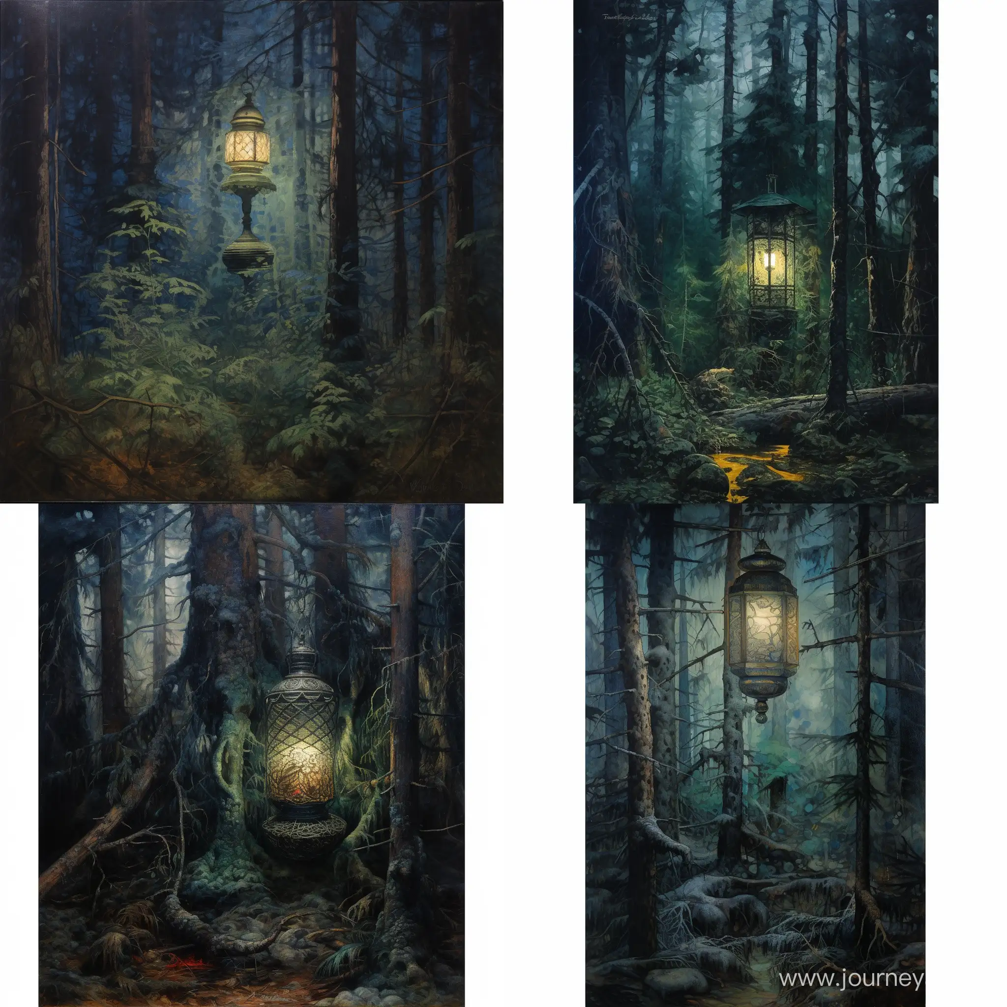 Enchanting-Night-Scene-Ancient-Lantern-Illuminates-a-Forest-Spirit-in-Pine-Clearing