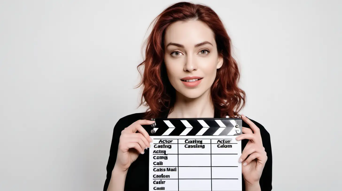 women actor holding casting call board, white background, photoshoot