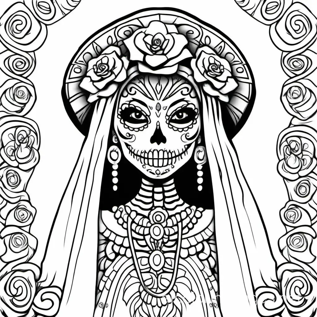 catrina, Coloring Page, black and white, line art, white background, Simplicity, Ample White Space. The background of the coloring page is plain white to make it easy for young children to color within the lines. The outlines of all the subjects are easy to distinguish, making it simple for kids to color without too much difficulty