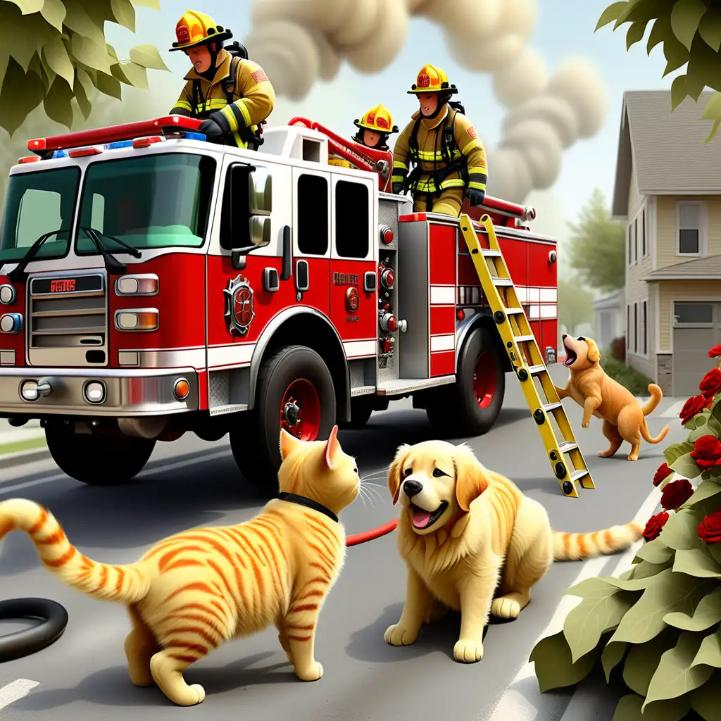 Create a captivating illustration capturing the heartwarming scene of a daring cat rescue by a team of firefighters with their firetruck and extendable ladder (Drehleiter). Emphasize the expressions of determination and camaraderie among the firefighters as they work together to save the stranded feline. Place the brown-haired 3-year-old girl and her Golden Retriever onlooker in the foreground, marveling at the heroic rescue effort. Ensure the atmosphere conveys a mix of tension, relief, and celebration, highlighting the community's appreciation for the firefighters' courage. The vibrant colors of the firetruck and the greenery around should add to the overall dynamic and positive mood of the scene.
