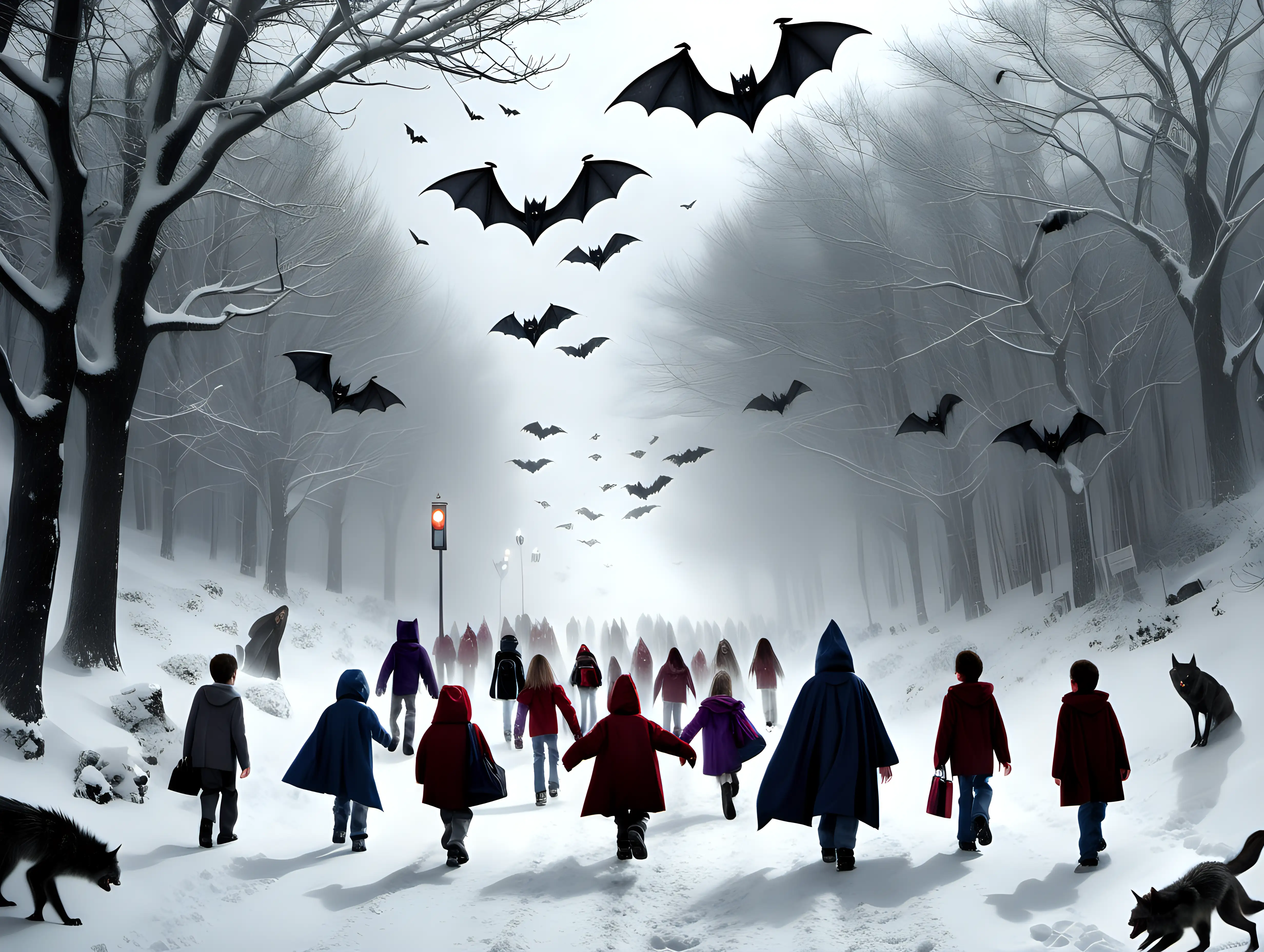 Brave Children Confronting Winters Supernatural Blizzard on School Commute
