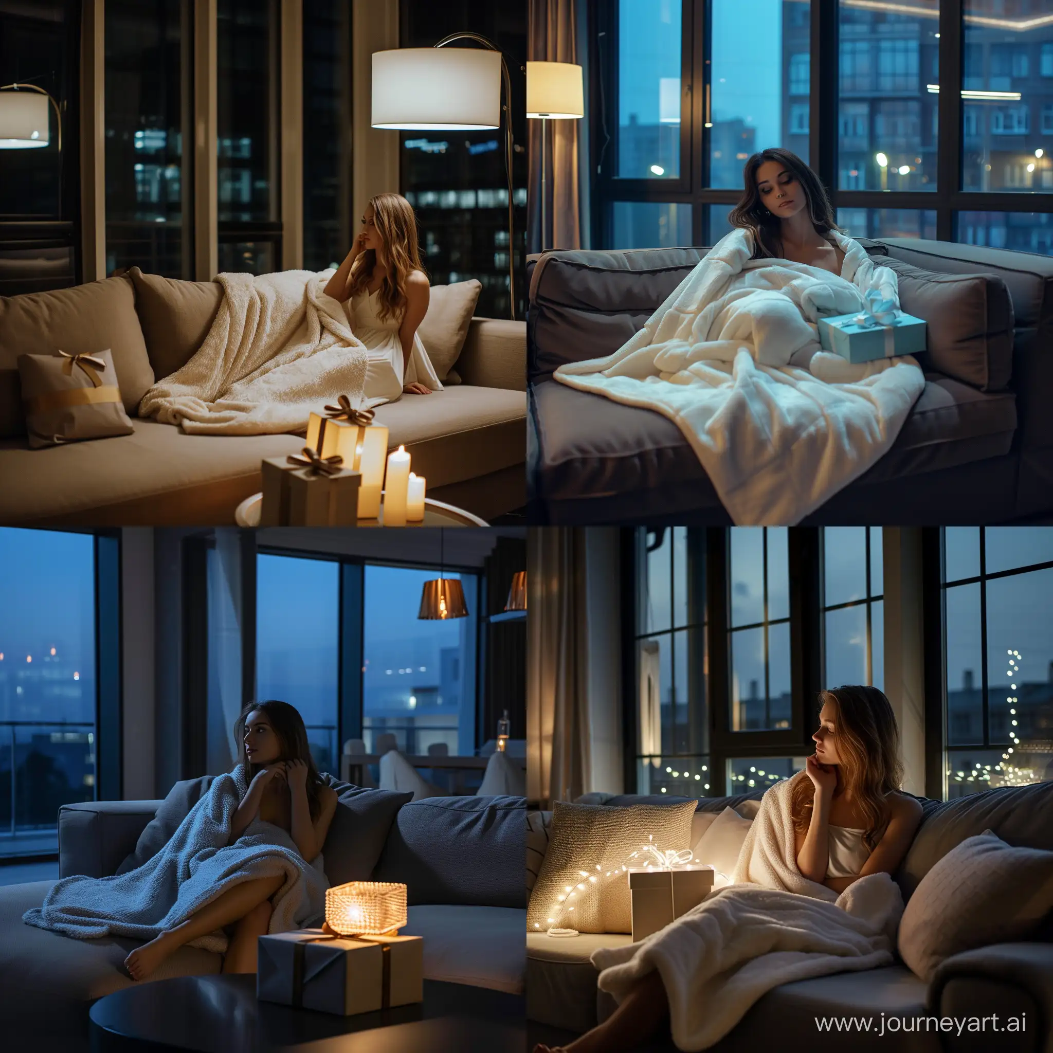 Cozy-Gift-Beautiful-Girl-with-Soft-Blanket-in-Dark-Bachelor-Apartment