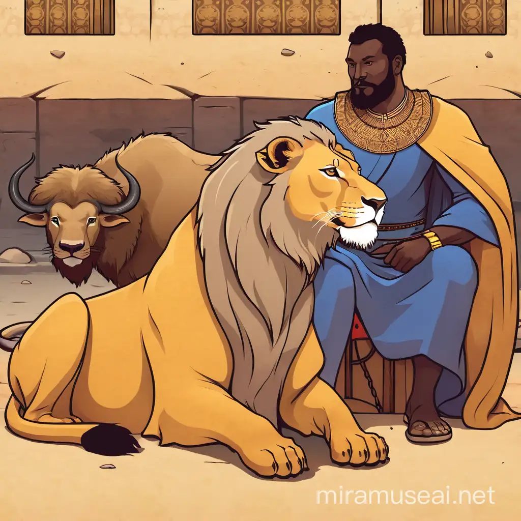 Majestic Lion Sitting with Cape Buffalo in Presence of Malis King