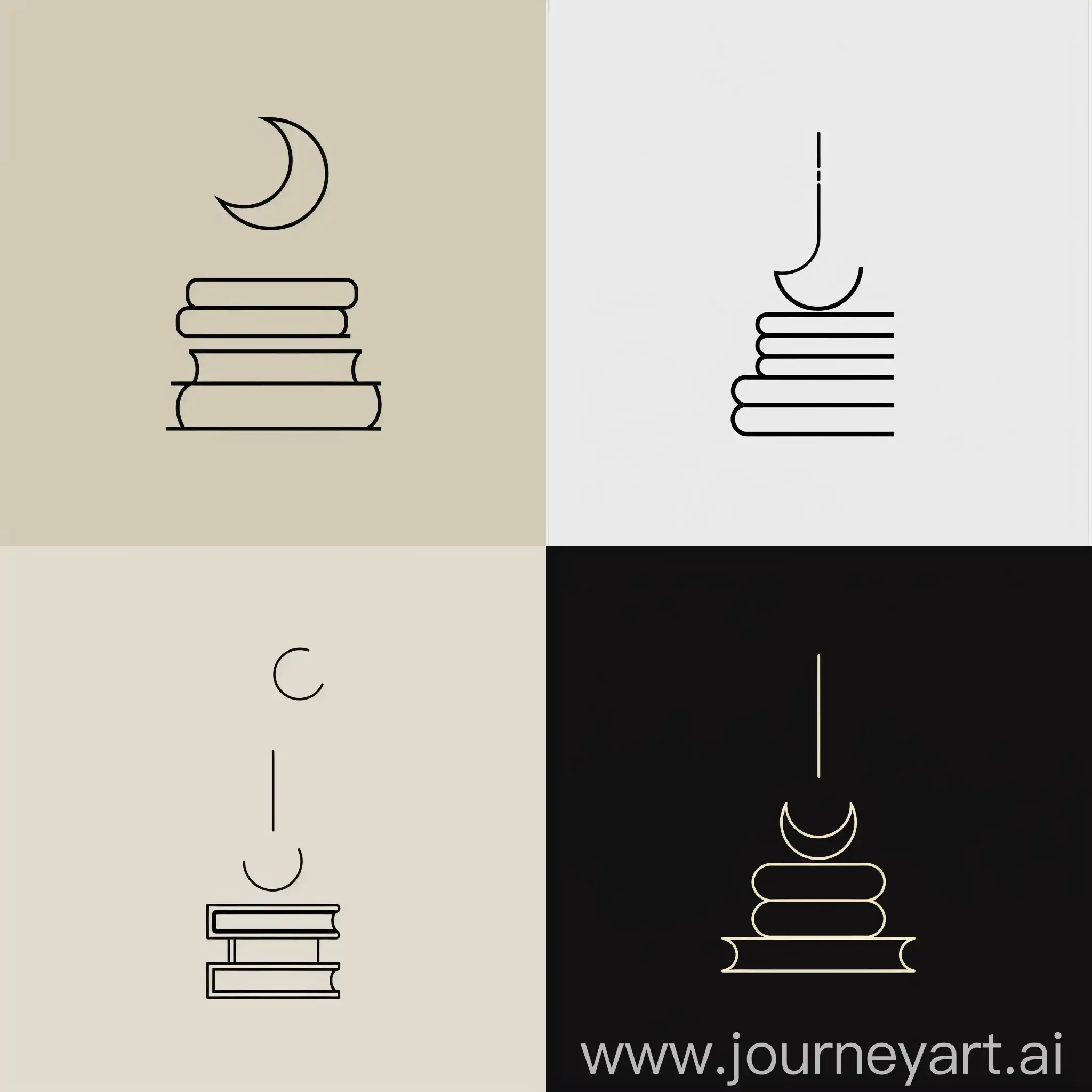 Imagine a minimalist logo using just lines and shapes. A simple outline of three stacked books forms the base. Above the books, a thin crescent moon hangs, representing dreams.