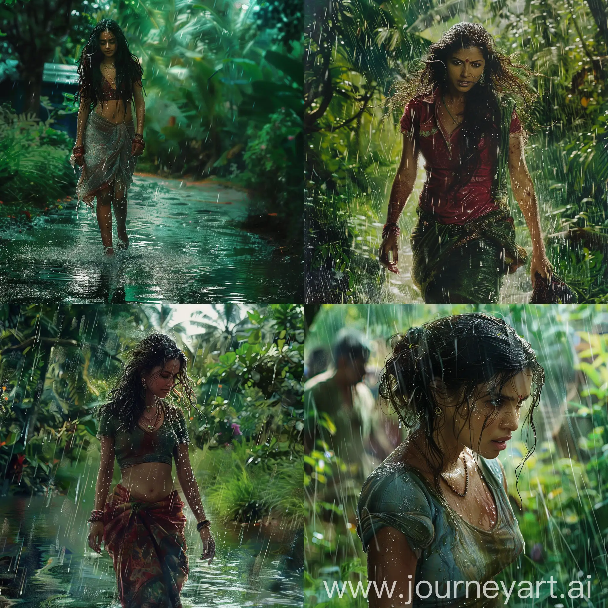 An Indian girl named Aishwarya, walking in the rain, all soaked in the rainwater, amdist a green jungle, beautiful facial features, curvy, alluring, depth in colors, depth in saturation.