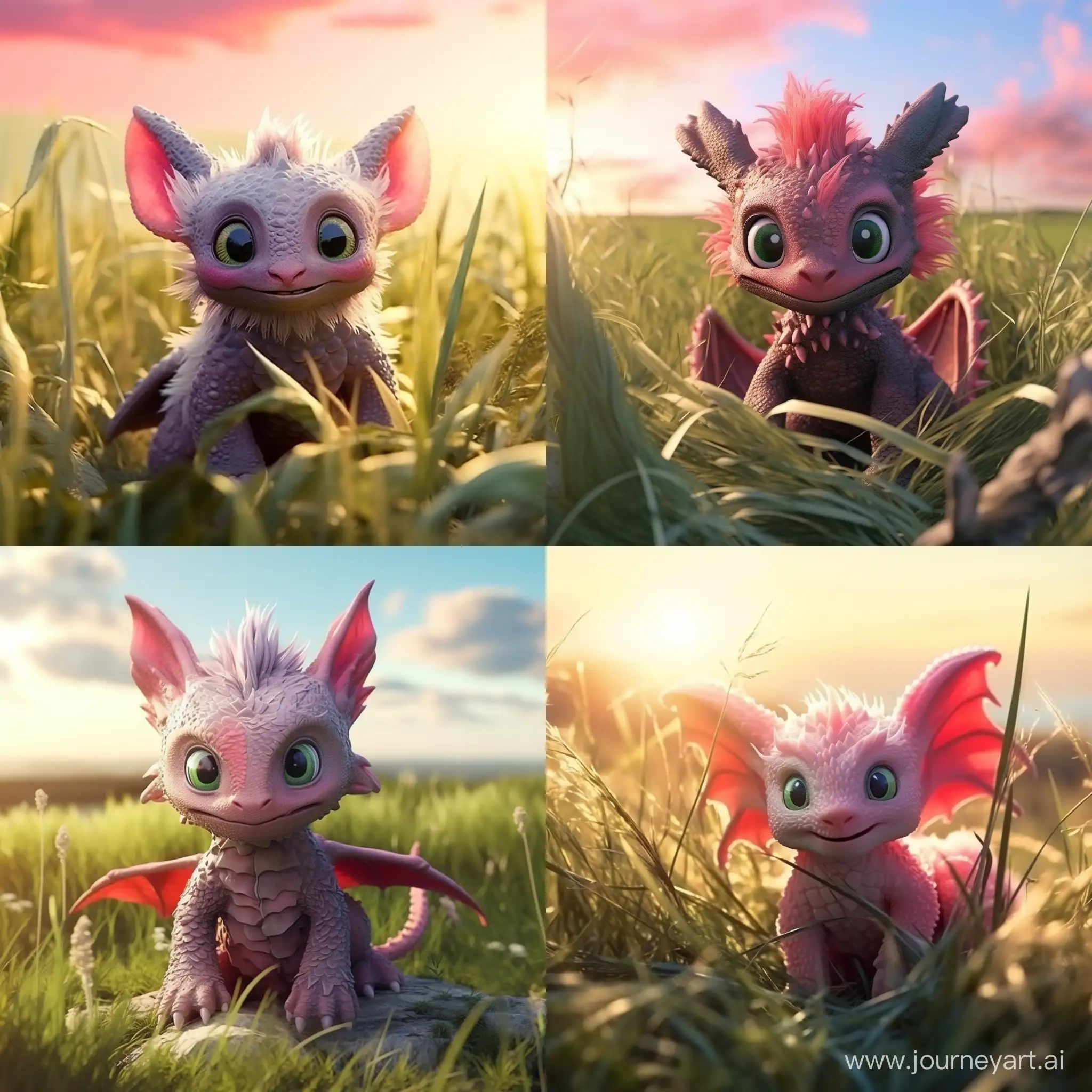Adorable-GreenRed-Dragon-Cub-Soaking-Up-Sunlight-in-Vibrant-Field