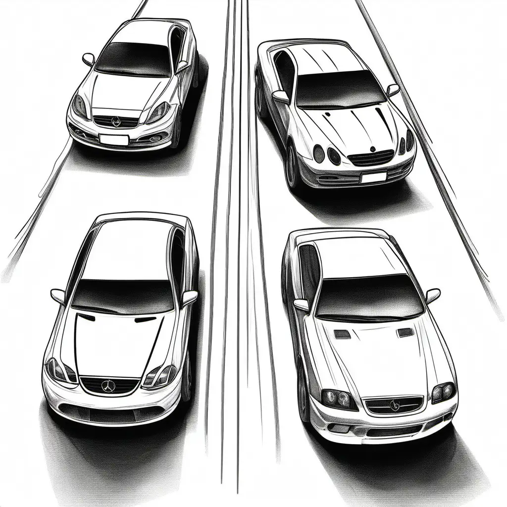 Create a hand sketch of 3 cars running on lanes. One car per lane.
All the drawing should fit in the image.
No colors. White background. No shades. Background : FFFFFF