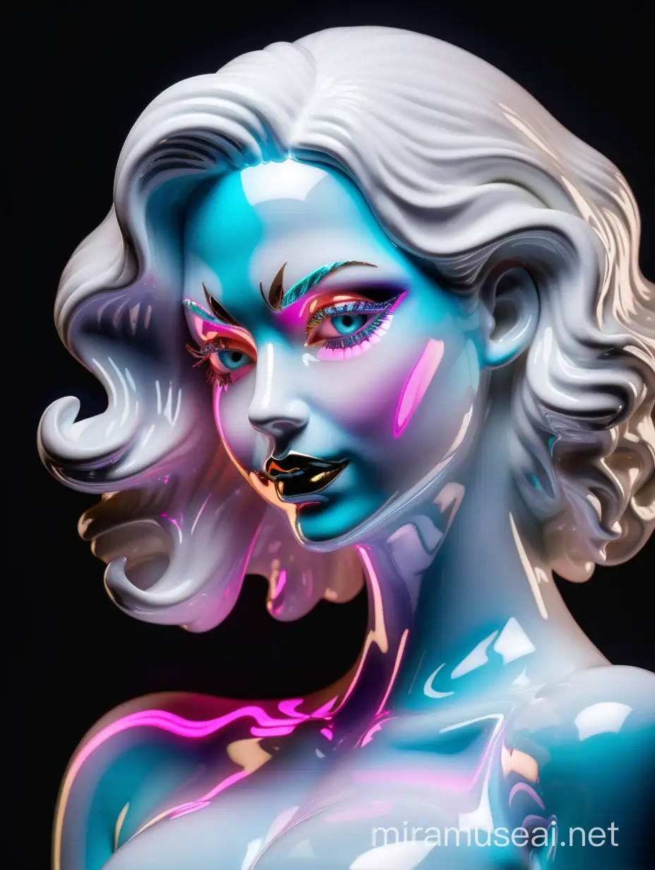 Produce a white shiny iridescent neon colored porcelain figure of a beautiful curvy feminine woman
Strong expression dynamic
Joker make-up 
portrait
Black background