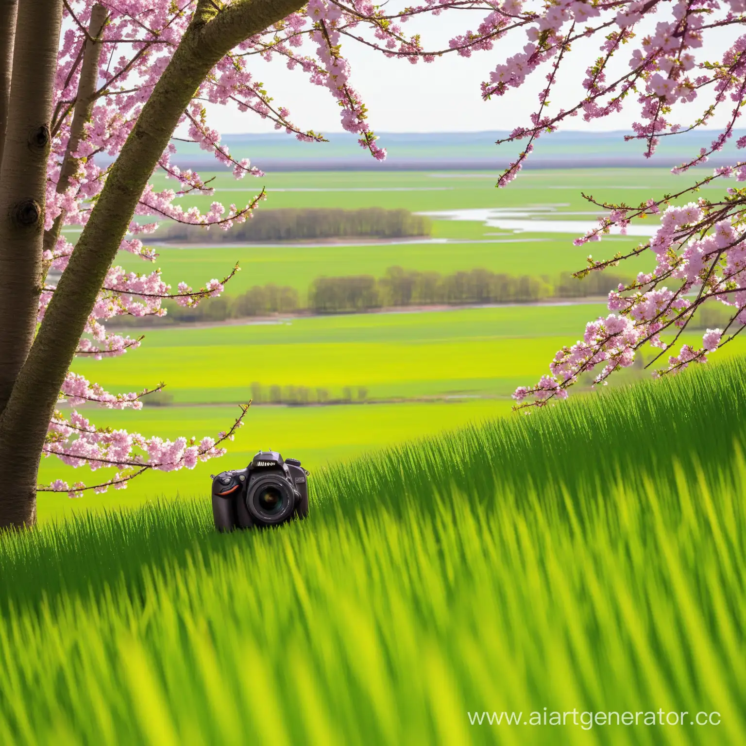 фотоаппарат nikon D5100, на фоне весенний пейзаж.