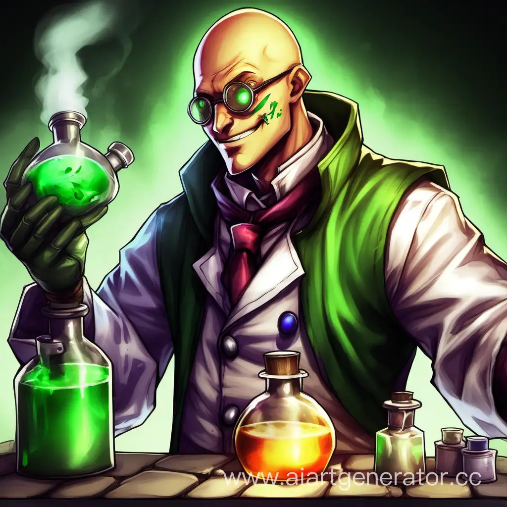Singed , mad chemist , League of Legends , bald , potions , burns , bandages , cooking potions , close-up