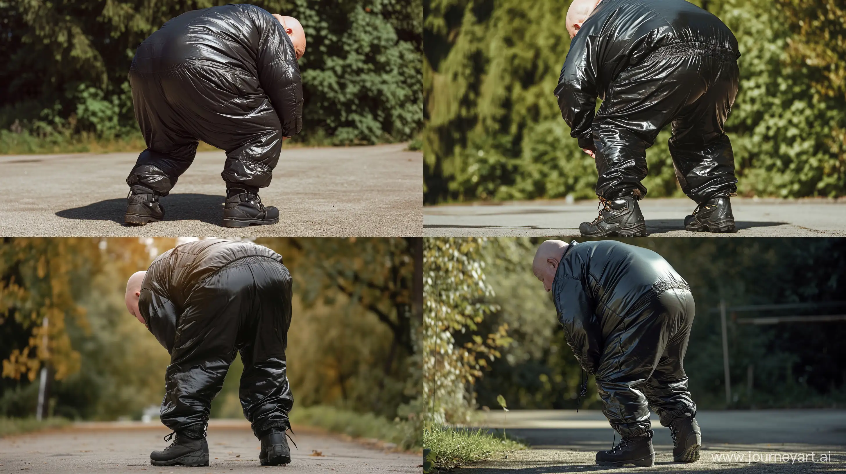 Back view of a chubby man aged 70 wearing a slightly shiny black tracksuit. Black hiking boots. He is bending over. Natural Light. Clean shaven. Bald. Outside. High-quality. Natural Light. --ar 16:9 --v 6