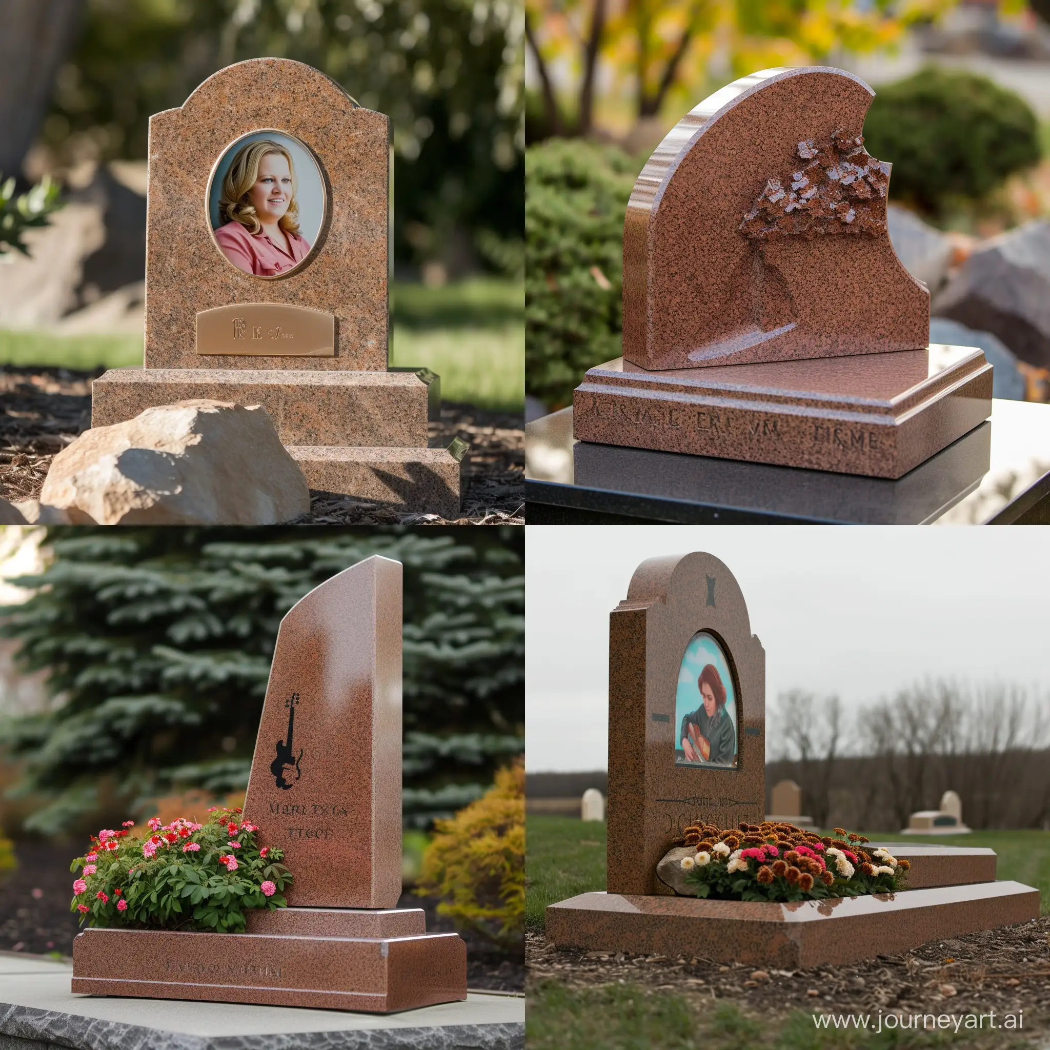 Modern tombstone made of brown granite with a color photo, for a female music teacher