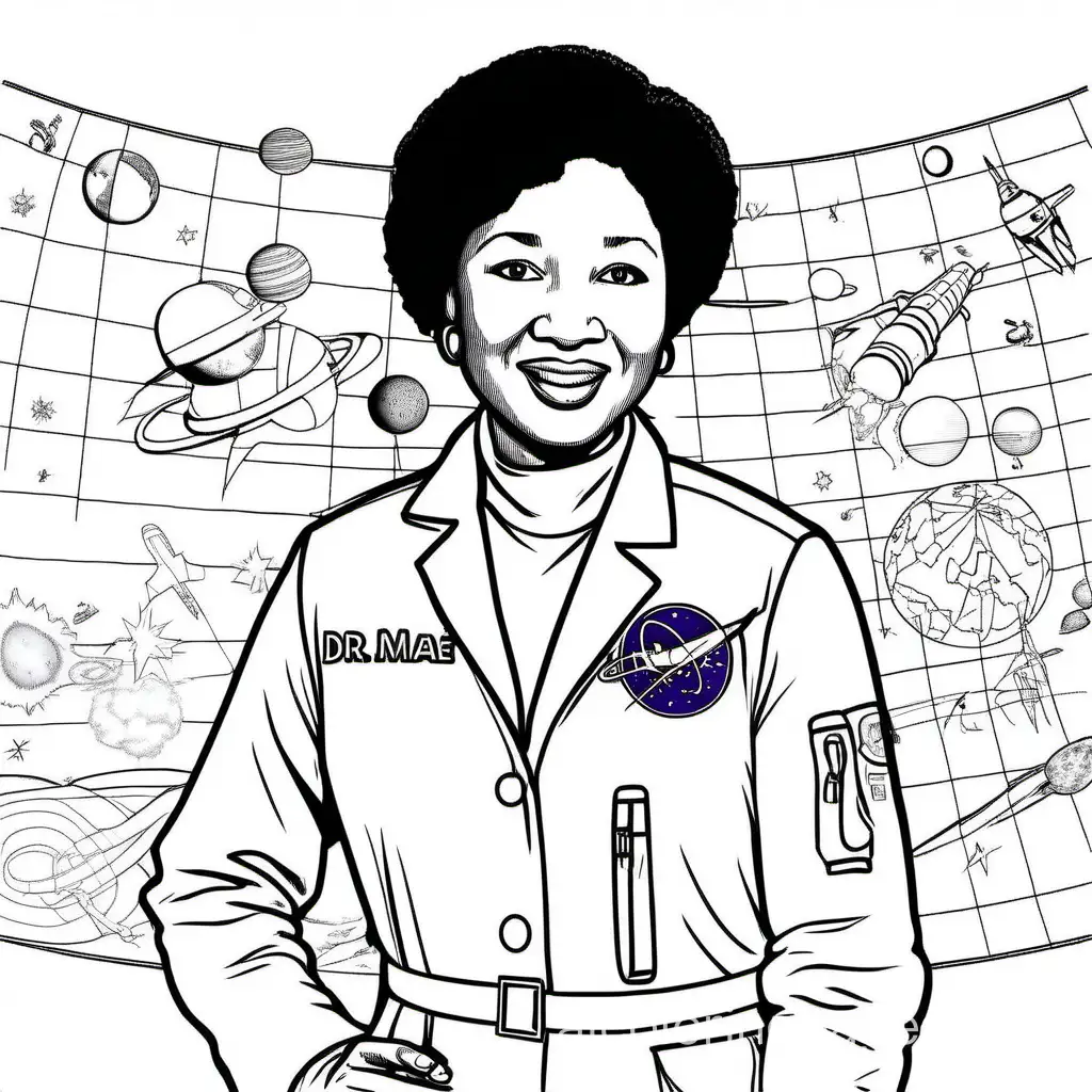 Dr. Mae Jemison, Coloring Page, black and white, line art, white background, Simplicity, Ample White Space. The background of the coloring page is plain white to make it easy for young children to color within the lines. The outlines of all the subjects are easy to distinguish, making it simple for kids to color without too much difficulty