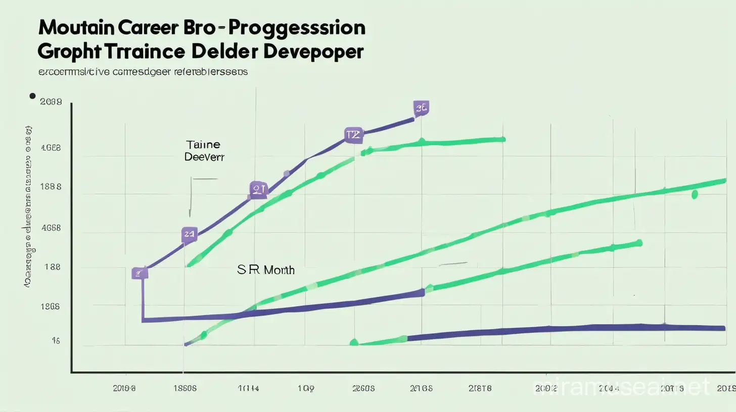 show a career progression graph using mountain theme for a trainee software developer to Sr. software developer over 12 months, and for 24 months