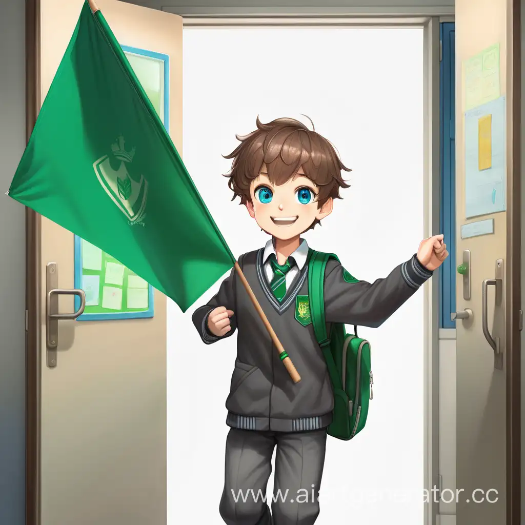 Мальчик, коричневые волосы, улыбка, голубые глаза, в тёмно-серой школьной форме выходит из дверей кабинета. В руках держит развеивающийся зелёный однотонный флаг. 