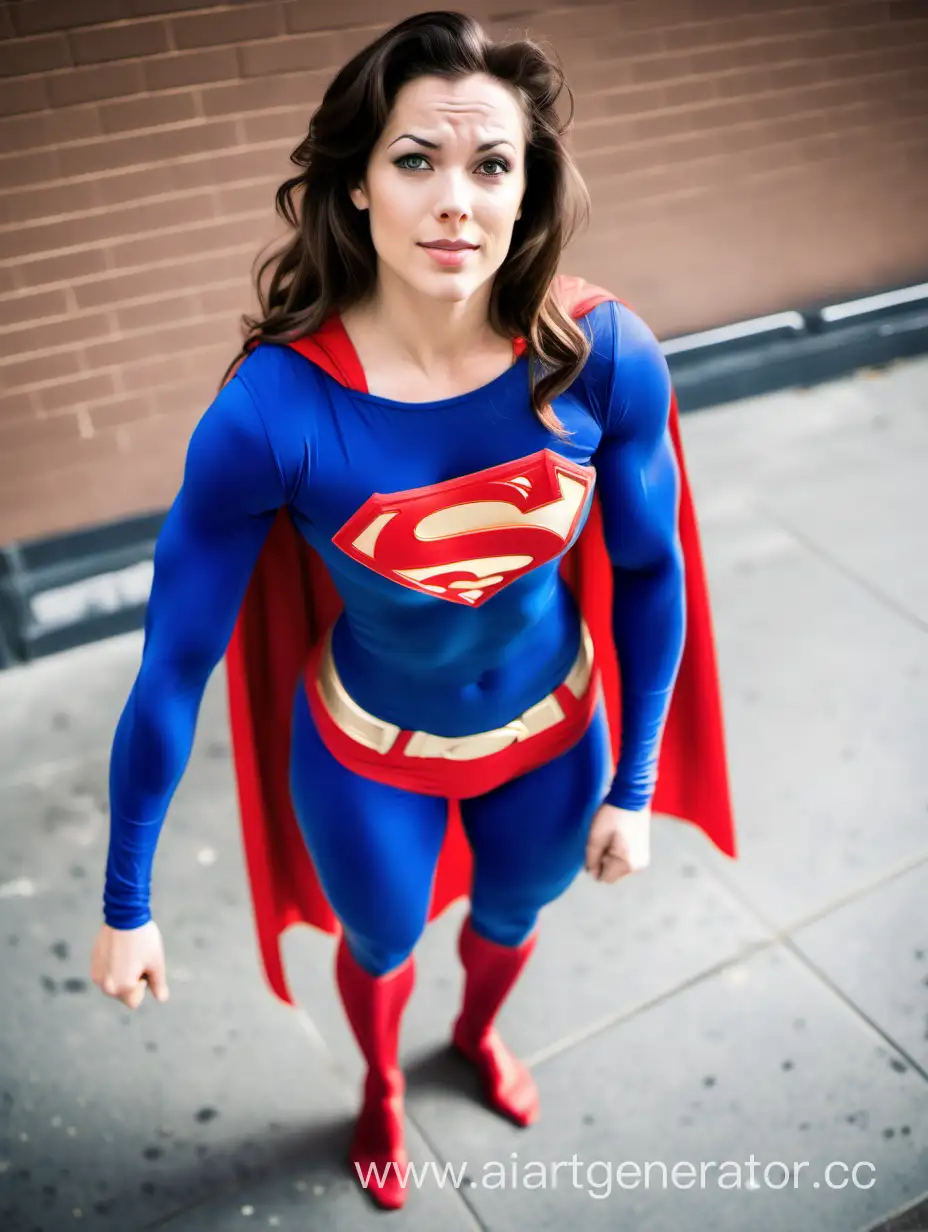 A pretty woman, brown hair, age 23, huge muscles, huge arm muscles, huge leg muscles, huge chest muscles, huge abdominal muscles, ((very muscular)), flying like a superhero.
Superman costume, matte spandex, (blue leggings), red briefs, a long cape. 
