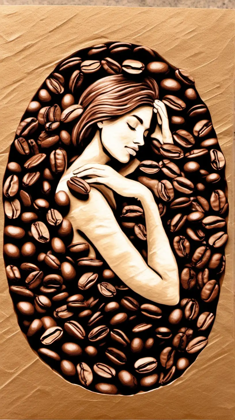 make a coffee related christmas card with woman who sleeps under coffee bean. make it as it is painted with acrilic colors