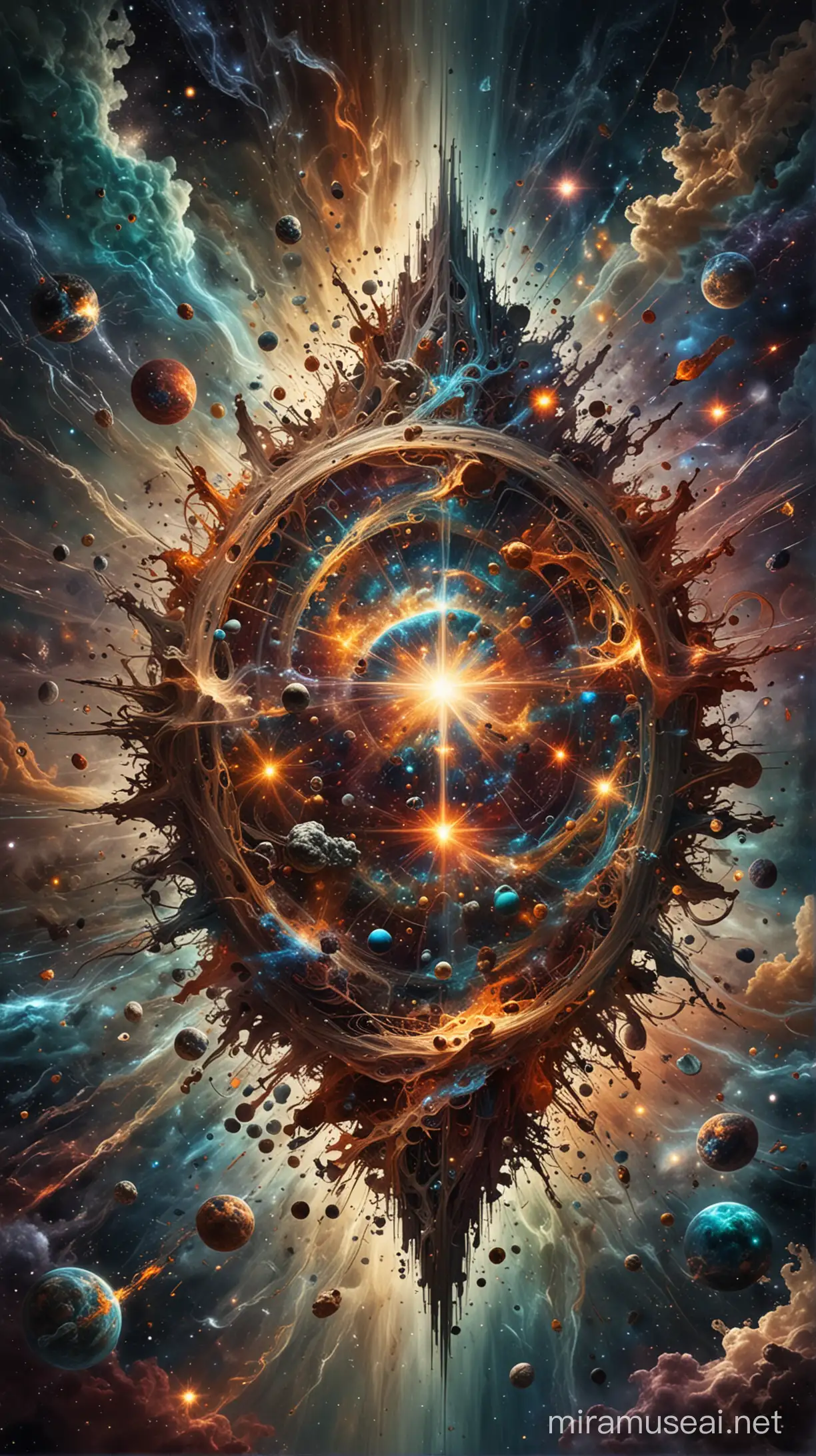 Una imagen que represente el Caos primordial, con elementos abstractos y caóticos que simbolicen el inicio del universo. 