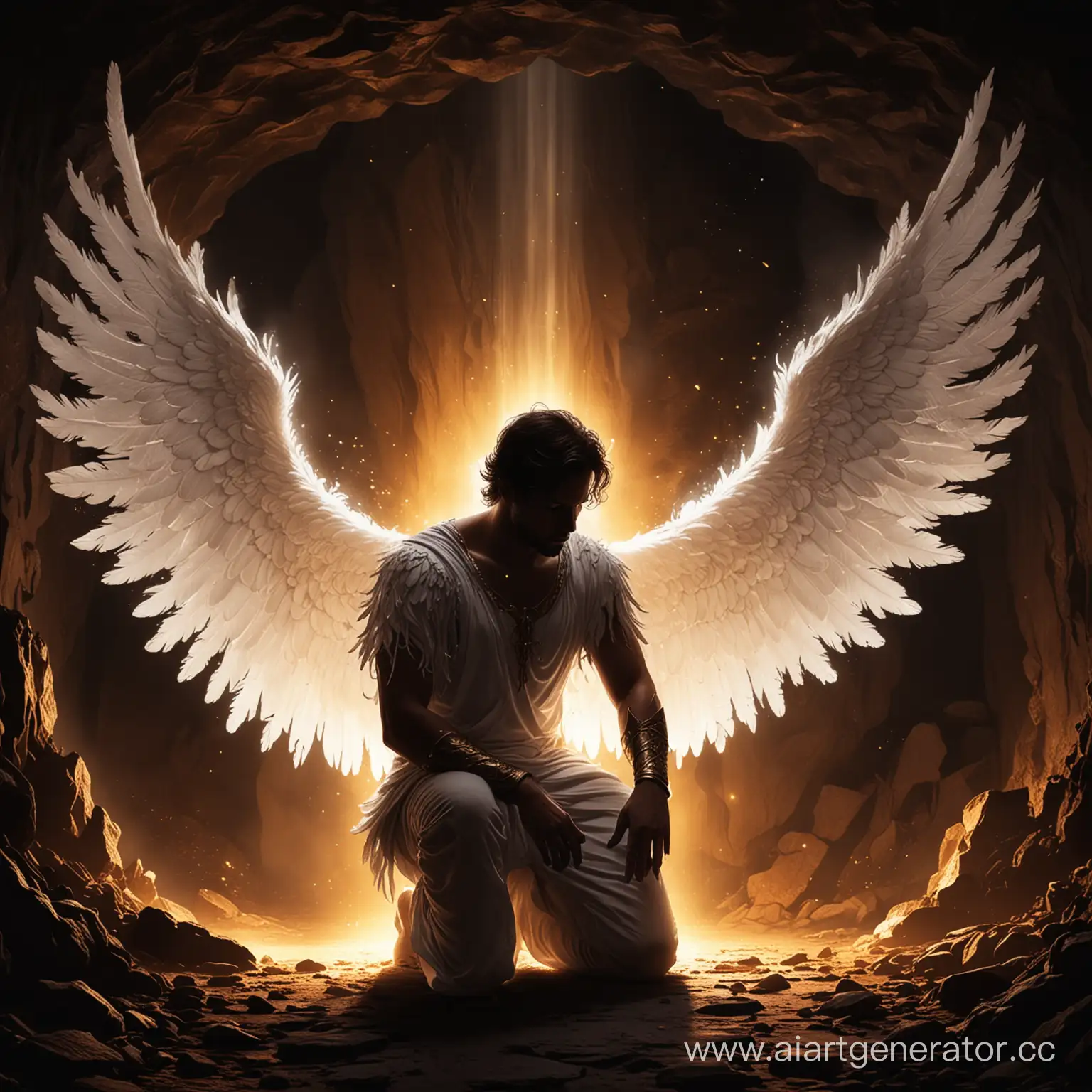 Silhouette of male angel with white feathered wings. kneeling down, looking down. Caged within a dark cave. Firey eyes, glowing gold  