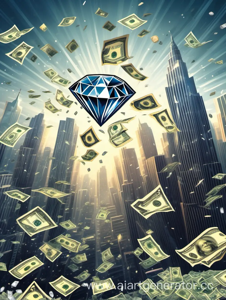 алмаз, вокруг летят деньги, на заднем плане стоят высокие небоскребы и здания, алмаз крупным планом в ценрте, много падающих купюр денег, арт, иллюстрация, в стиле Репина