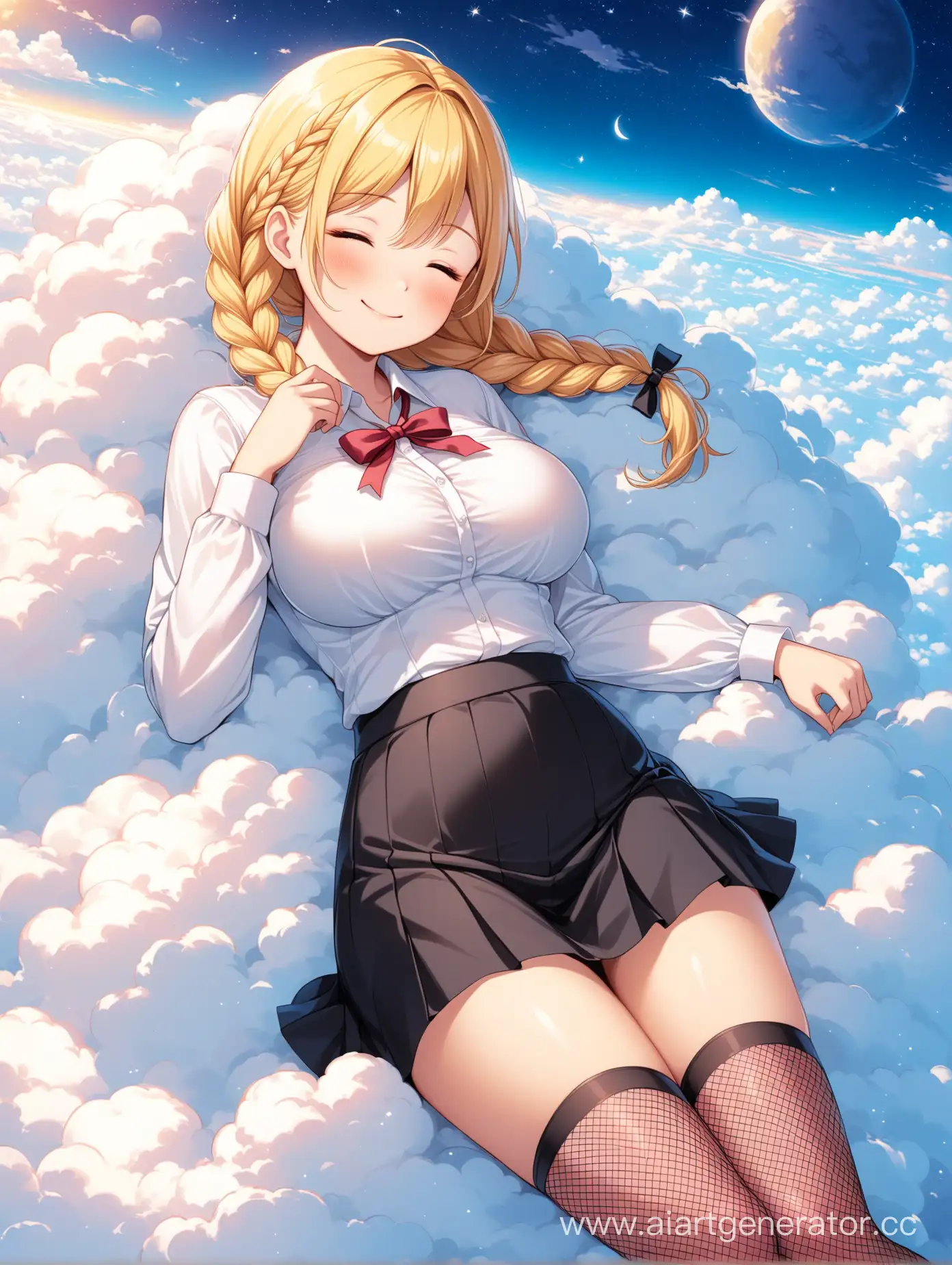  schoolgirl with a large  round bust, thin waist , blonde with two Dutch braids, white tight blouse, black fishnet stockings, in blackmini skirt,  sleeping on the clouds in the paradisel  sky, paradisel  bliss on the face , ruddy cheeks,  smiles in his sleep