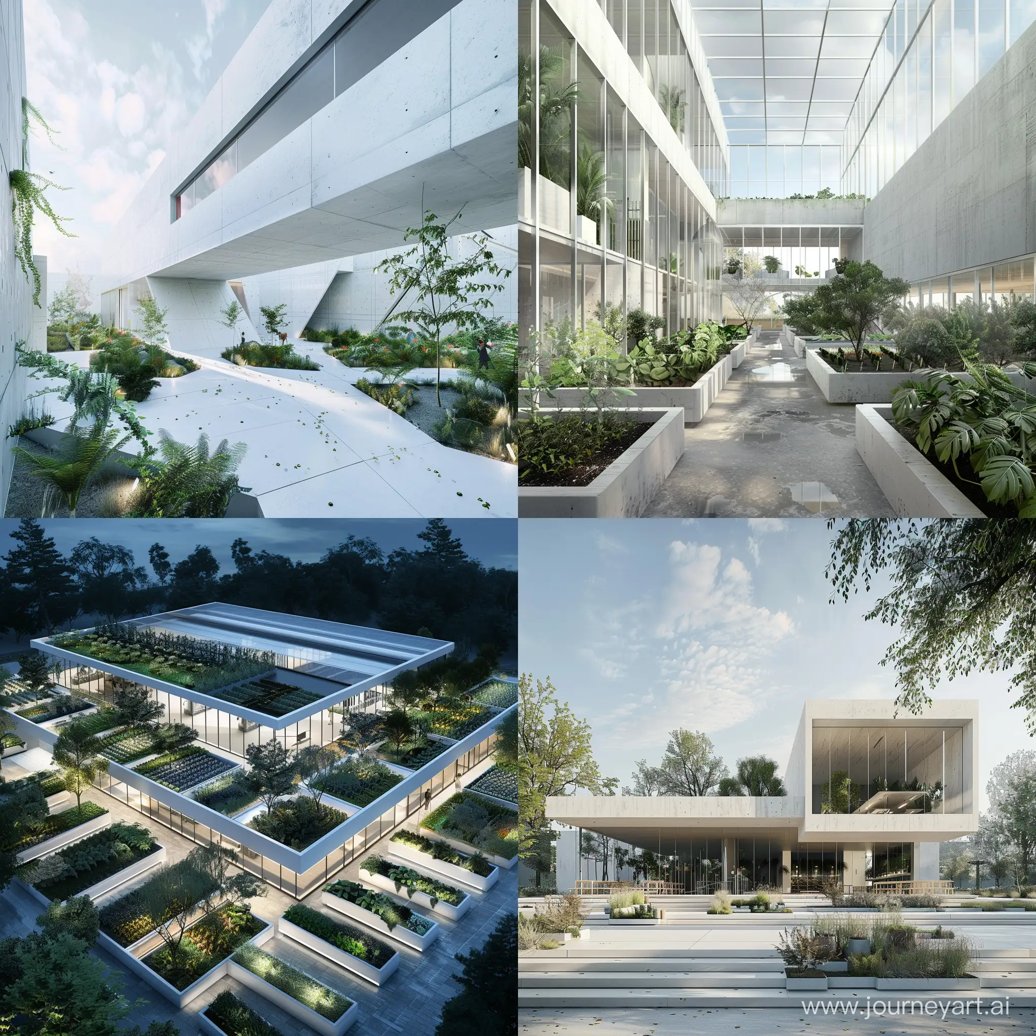Building a research center and plant exhibition, one floor, modern style, white concrete material, preferably rectangular.