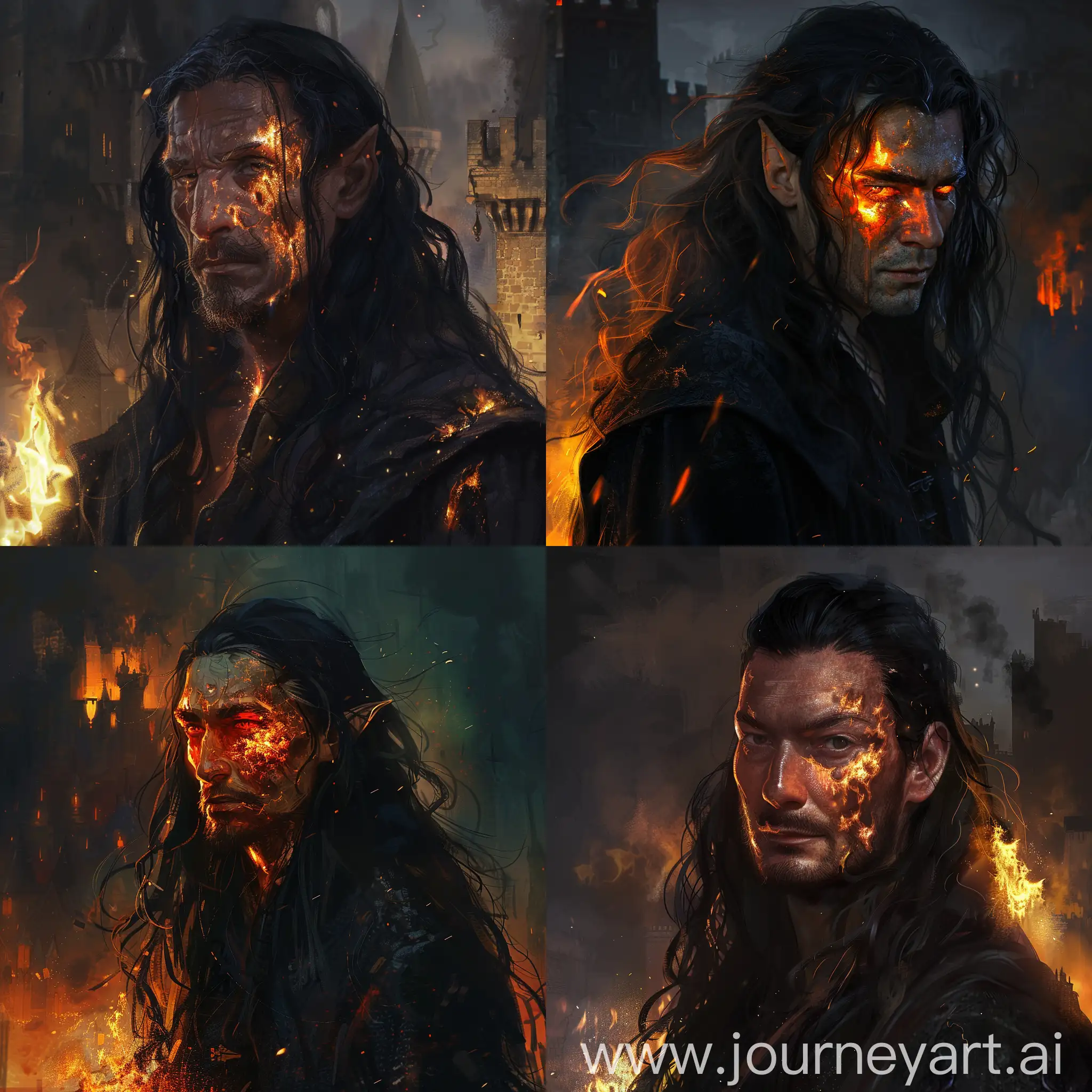he is one of the commander of raven lock guild.He has a long black hair and doesn't have any beard.He is wearing a rob that is black.His face is burnt by flames.There is castle ambience behind him.