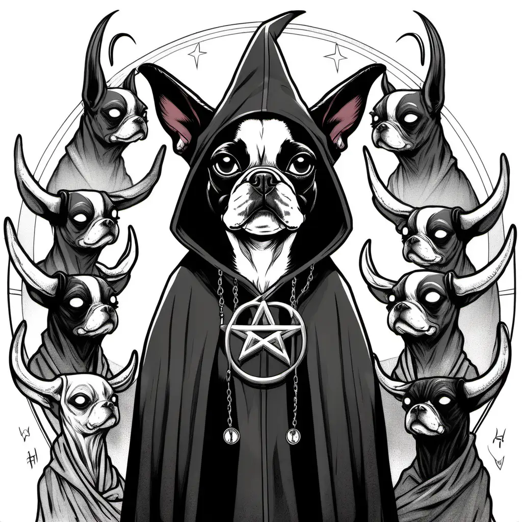 Webcomic of a boston terrier in a cloak, worshipping satan, goat head, pentagram, white eyes, possessed, evil, dark 