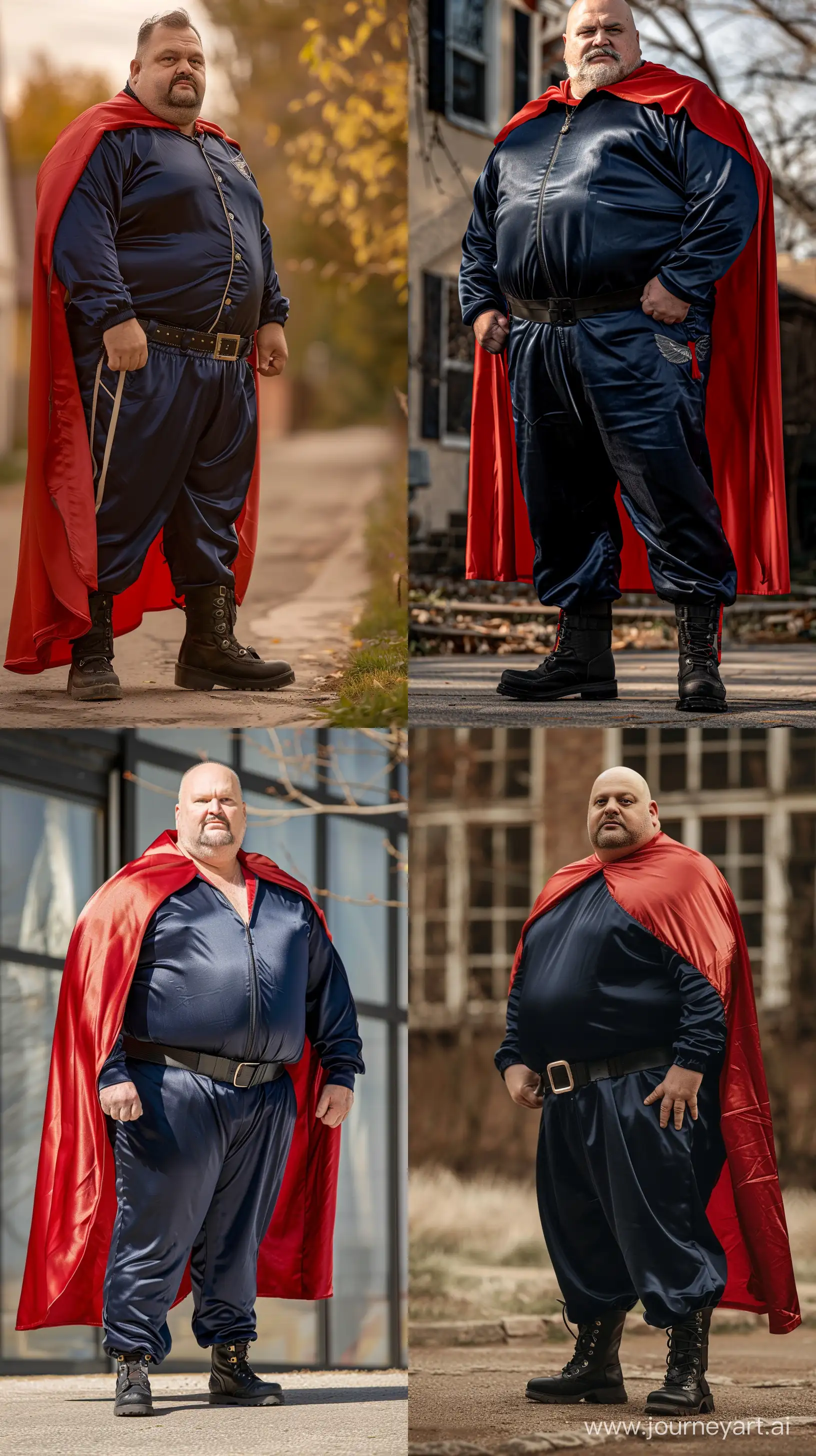 Front view photo of a fat man aged 60 wearing silk navy royal tracksuit. Red thick cape. Black tactical boots and belt. Standing Outside. --style raw --ar 9:16