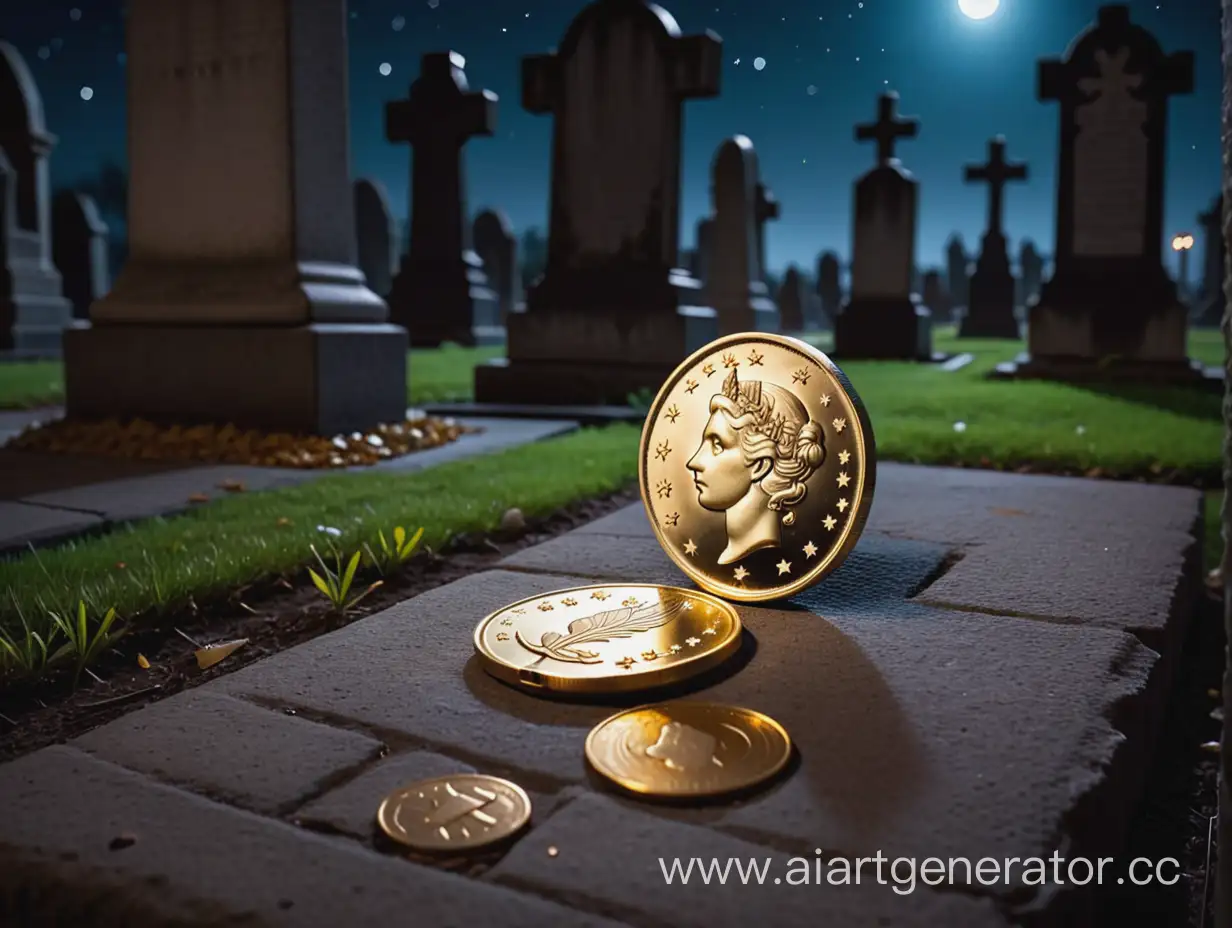Small-Gold-Coin-in-an-Old-Cemetery-at-Night