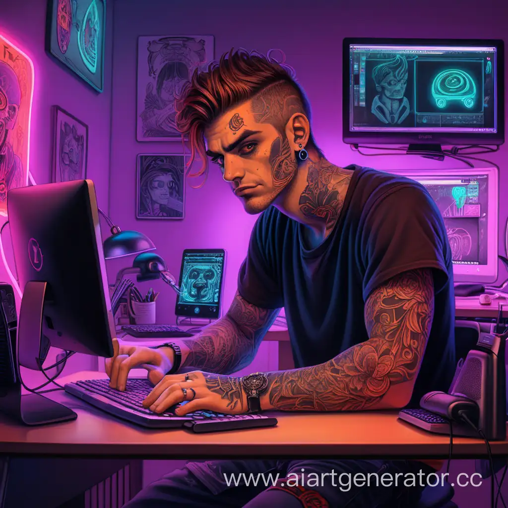 Tattooed-Guy-in-Russet-TShirt-Working-at-Neonlit-Computer-Desk