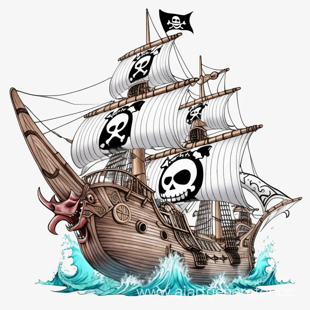 пиратский корабль с носовой фигурой в виде головы акулы в стиле аниме One Piece