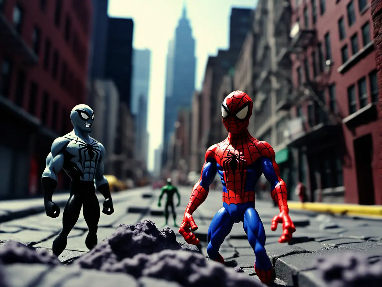 cinematic still, claymation, spiderman and a villain, they are in a city
