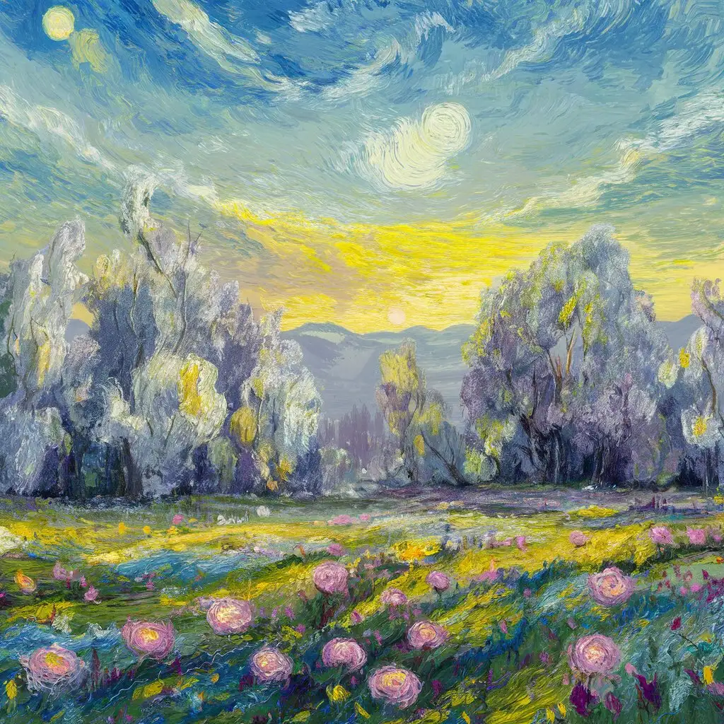 Starry Night Landscape Painting Nature Scenery in Van Gogh Art Style