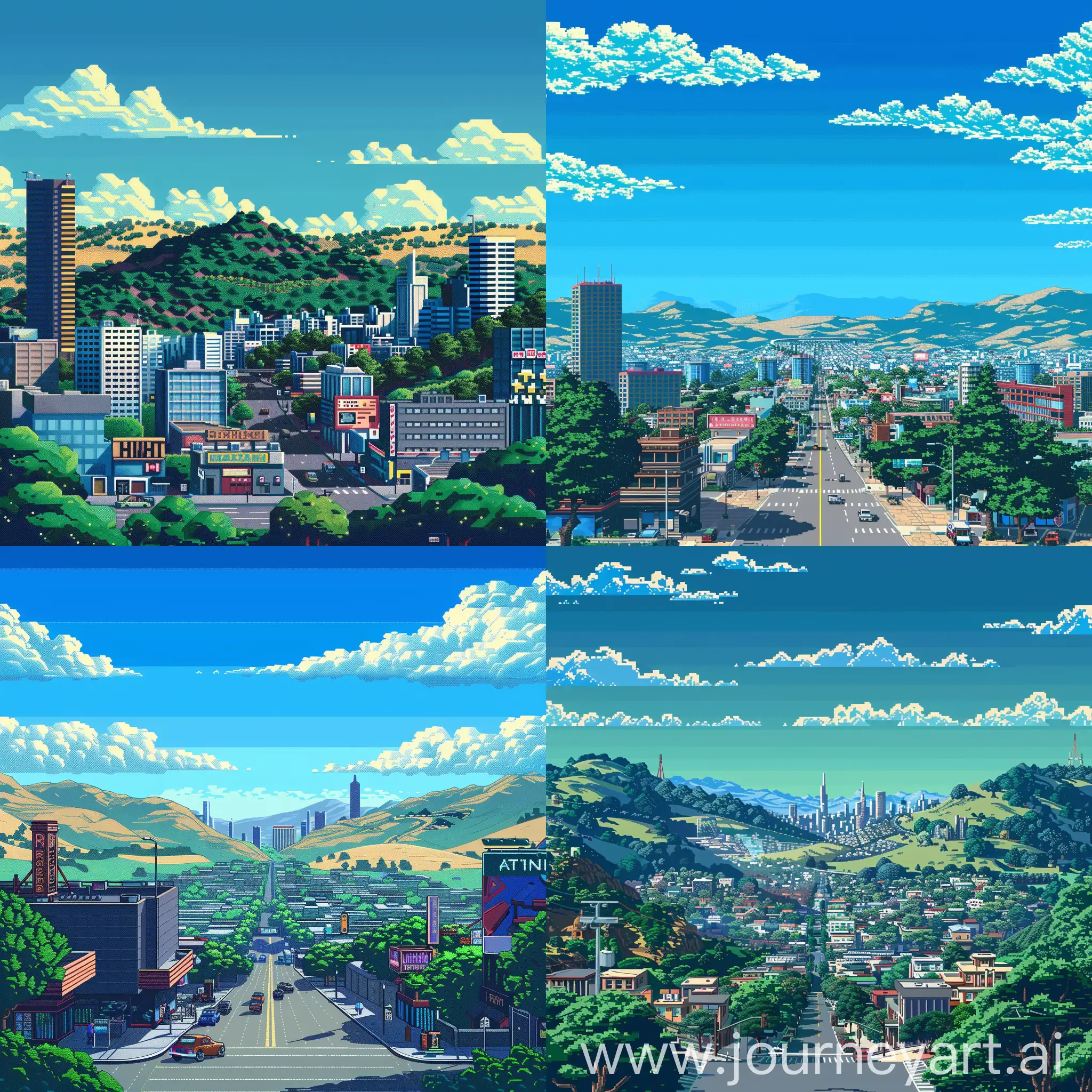 /imagine high tech silicon valley from a 1990s video game, clear blue skies, pixel art style –ar 16:9 –v 5.1