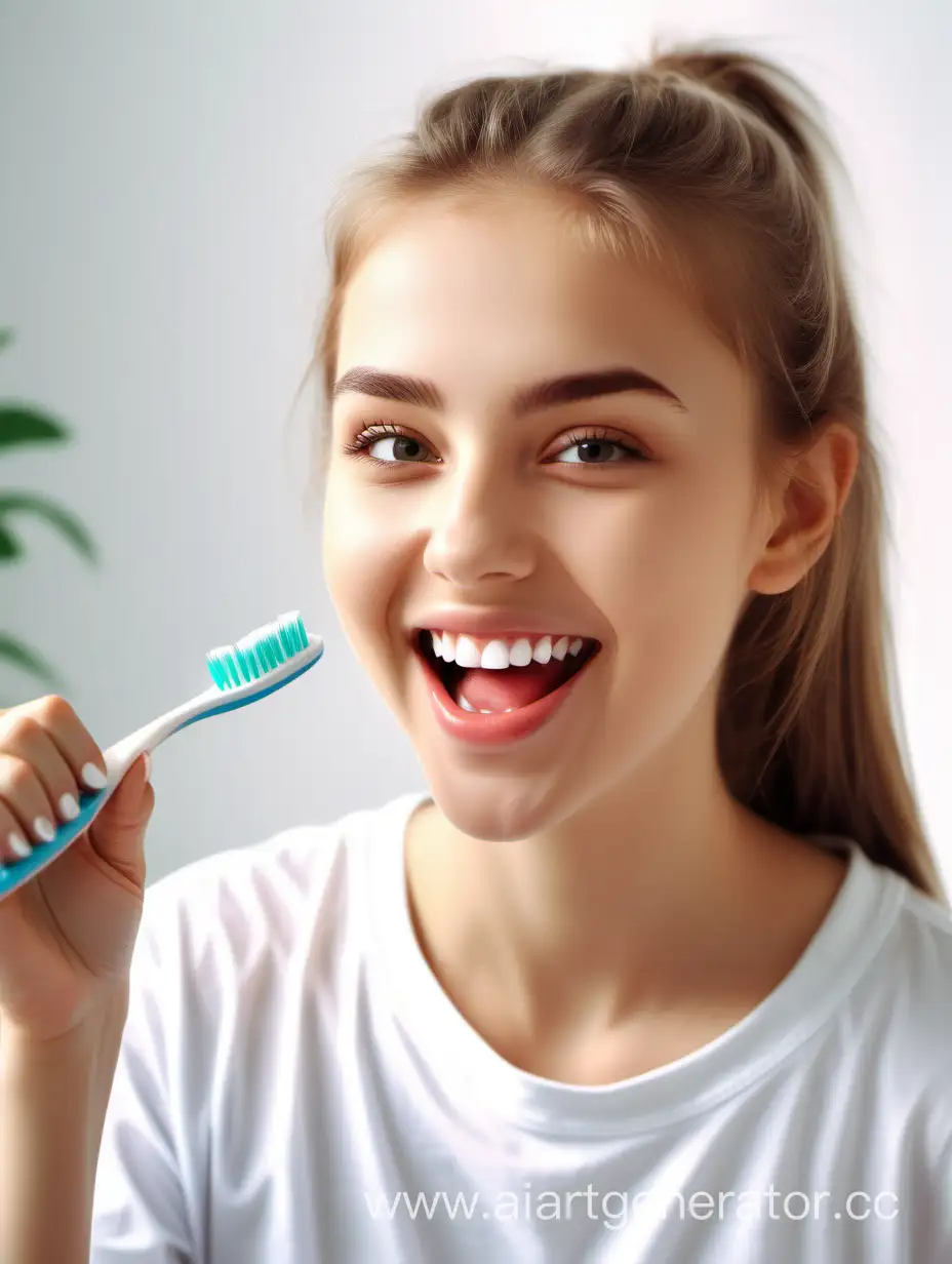 a beautiful girl is brushing her teeth, the girl is depicted waist-deep, morning, warm colors, sunlight, HD quality, the girl is happy, a bright toothbrush with colored bristles, white background