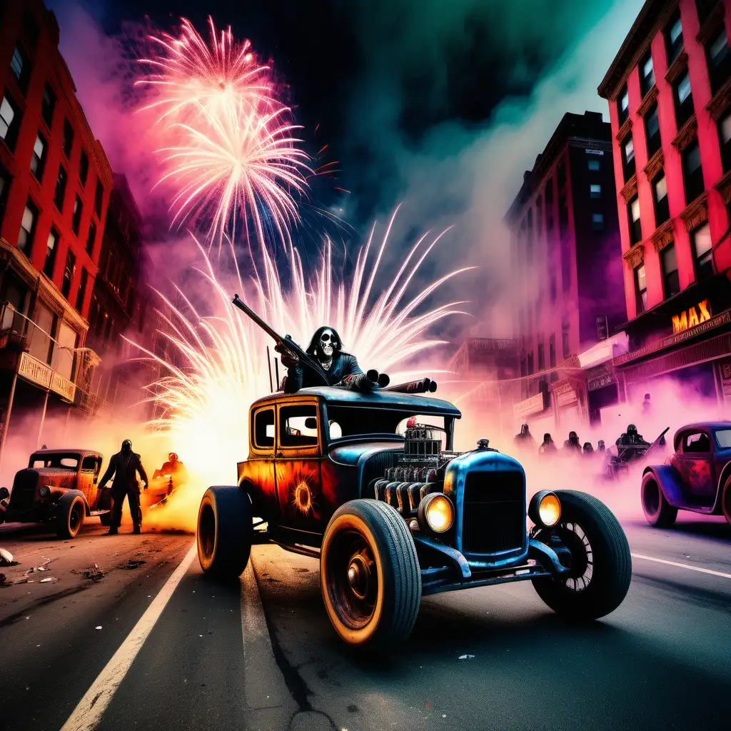 Horror atmosphere, Manhattan street, in the foreground Ford T in tuning with weapons, machine gun, Mad Max style cannon and accompanied by Death, and Ghost Rider, New Year's Eve fireworks, all over the sky, colorful, jubilant, breathtaking, dynamic, high contrast,
